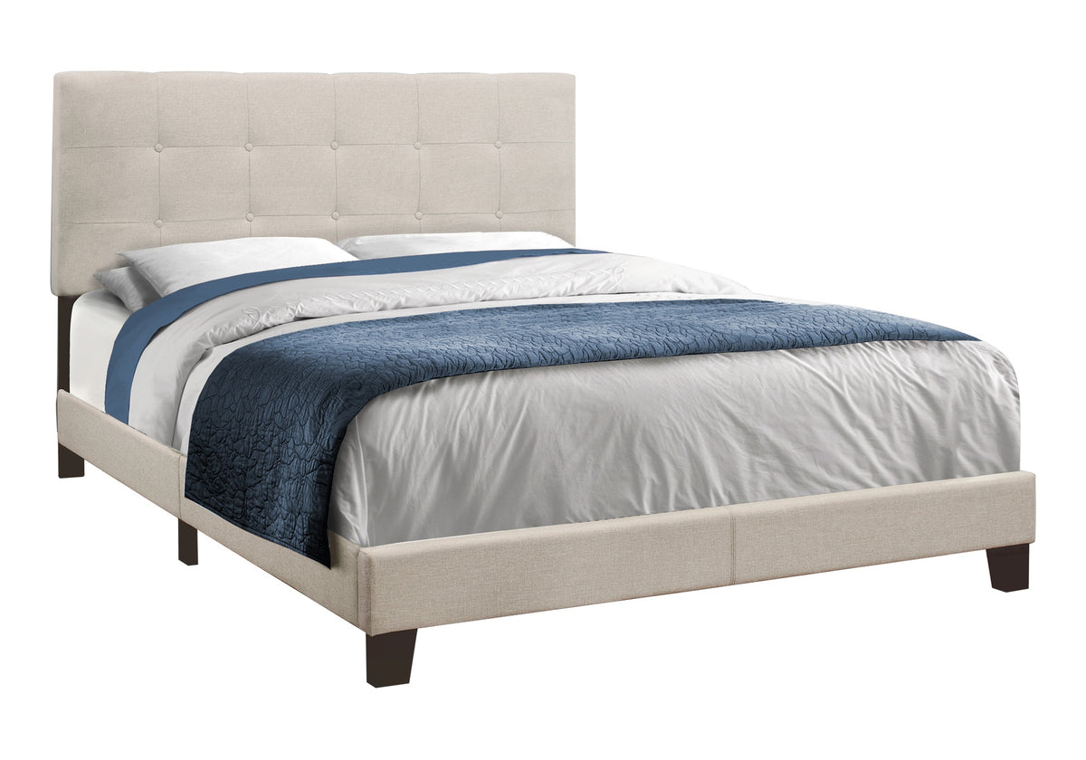 Bed, Queen Size, Bedroom, Upholstered, Beige Linen Look, Black Wood Legs, Transitional