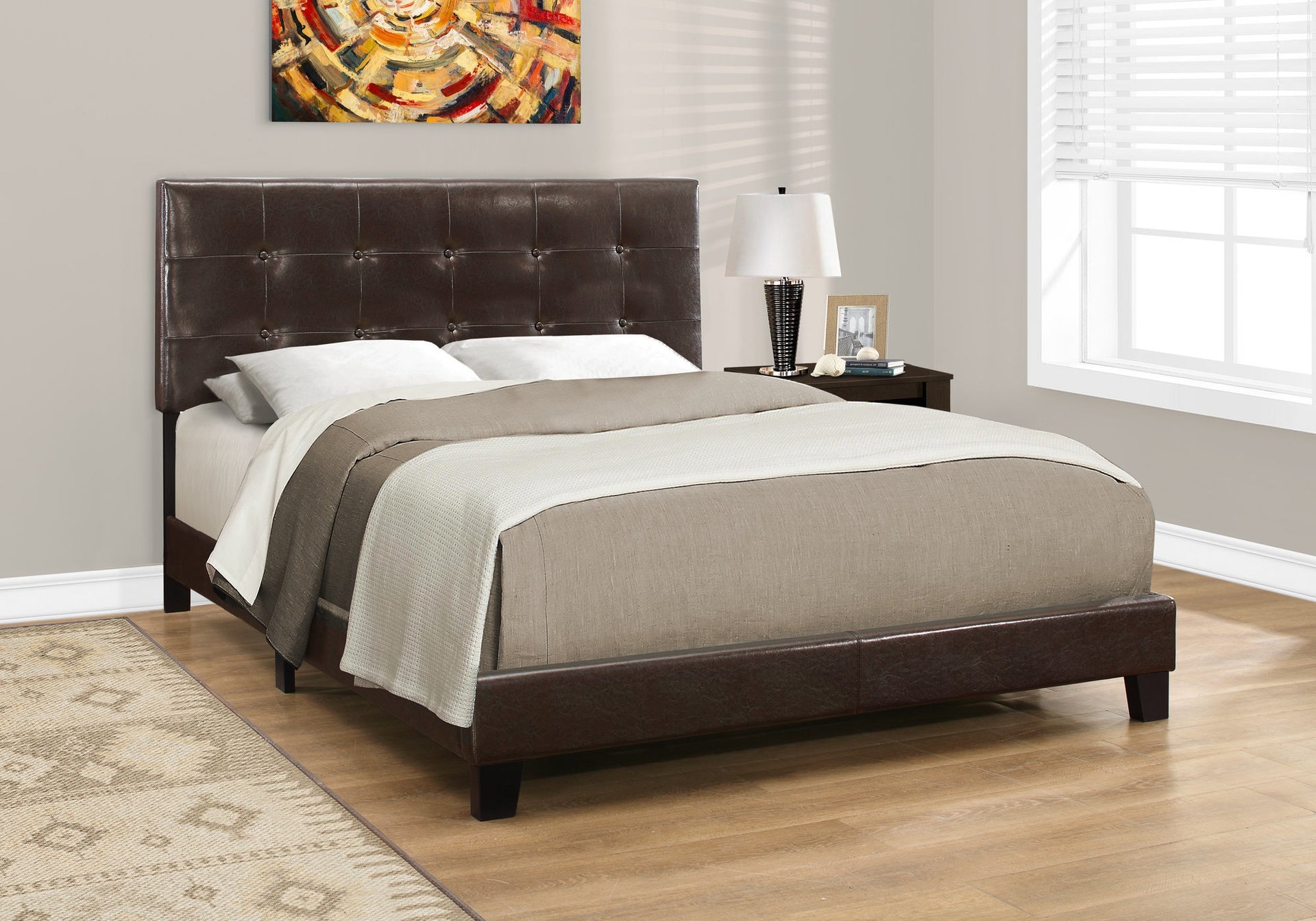 Bed, Queen Size, Bedroom, Upholstered, Brown Leather Look, Transitional