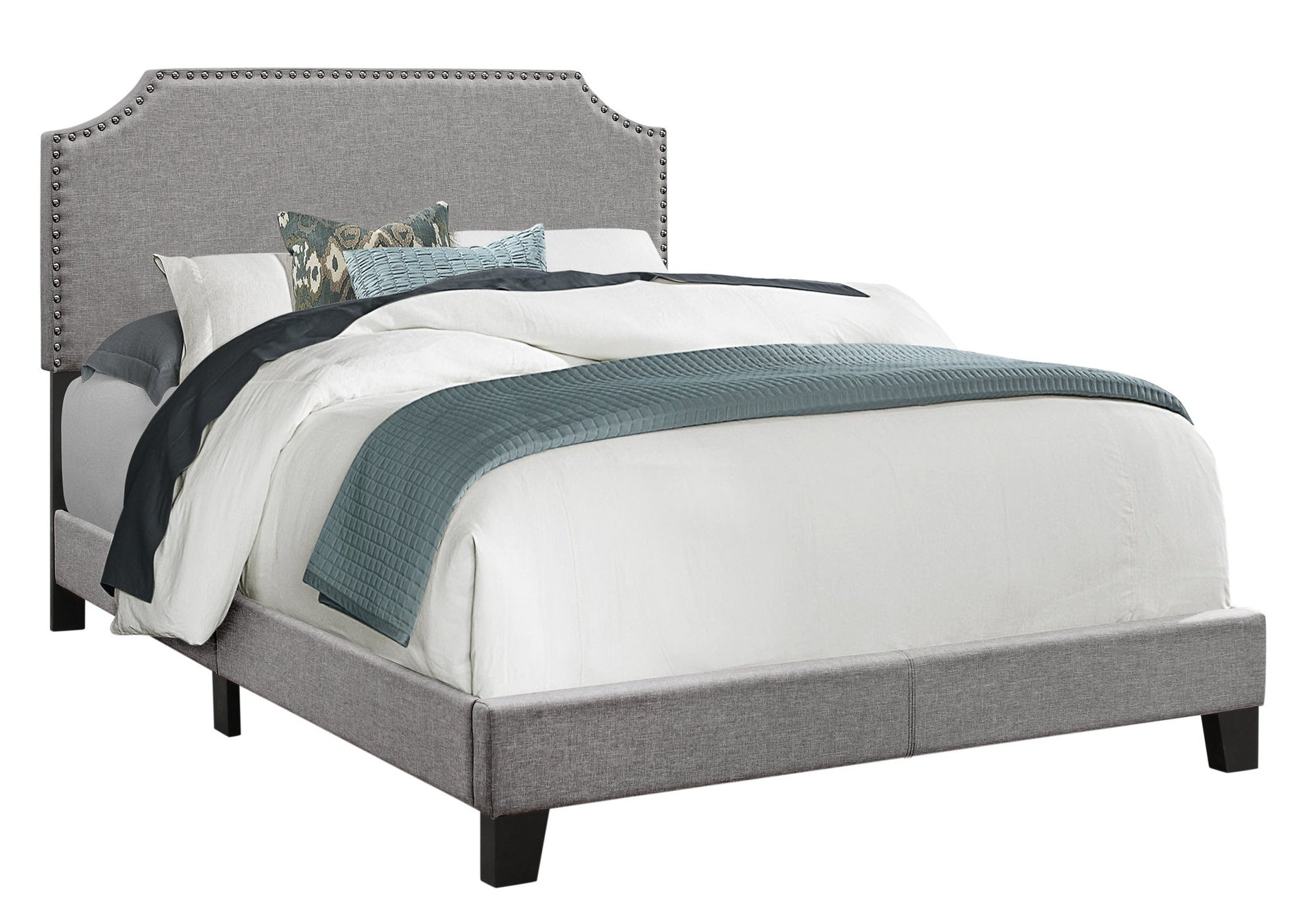Bed, Full Size, Bedroom, Upholstered, Grey Linen Look, Chrome Trim, Transitional