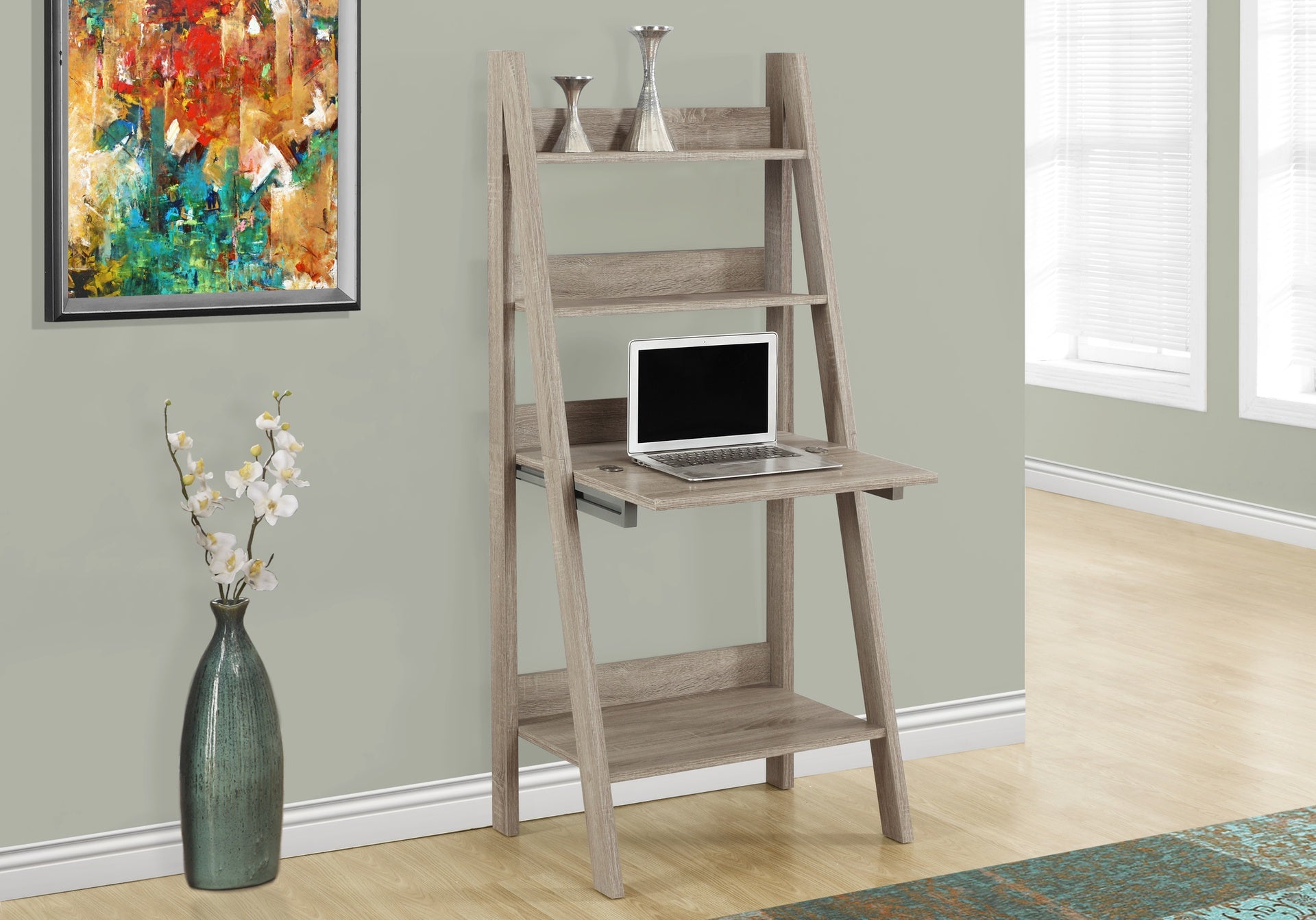 Computer Desk, Home Office, Laptop, Leaning, 61"h, Work, Storage Shelves, Brown Laminate, Contemporary, Modern