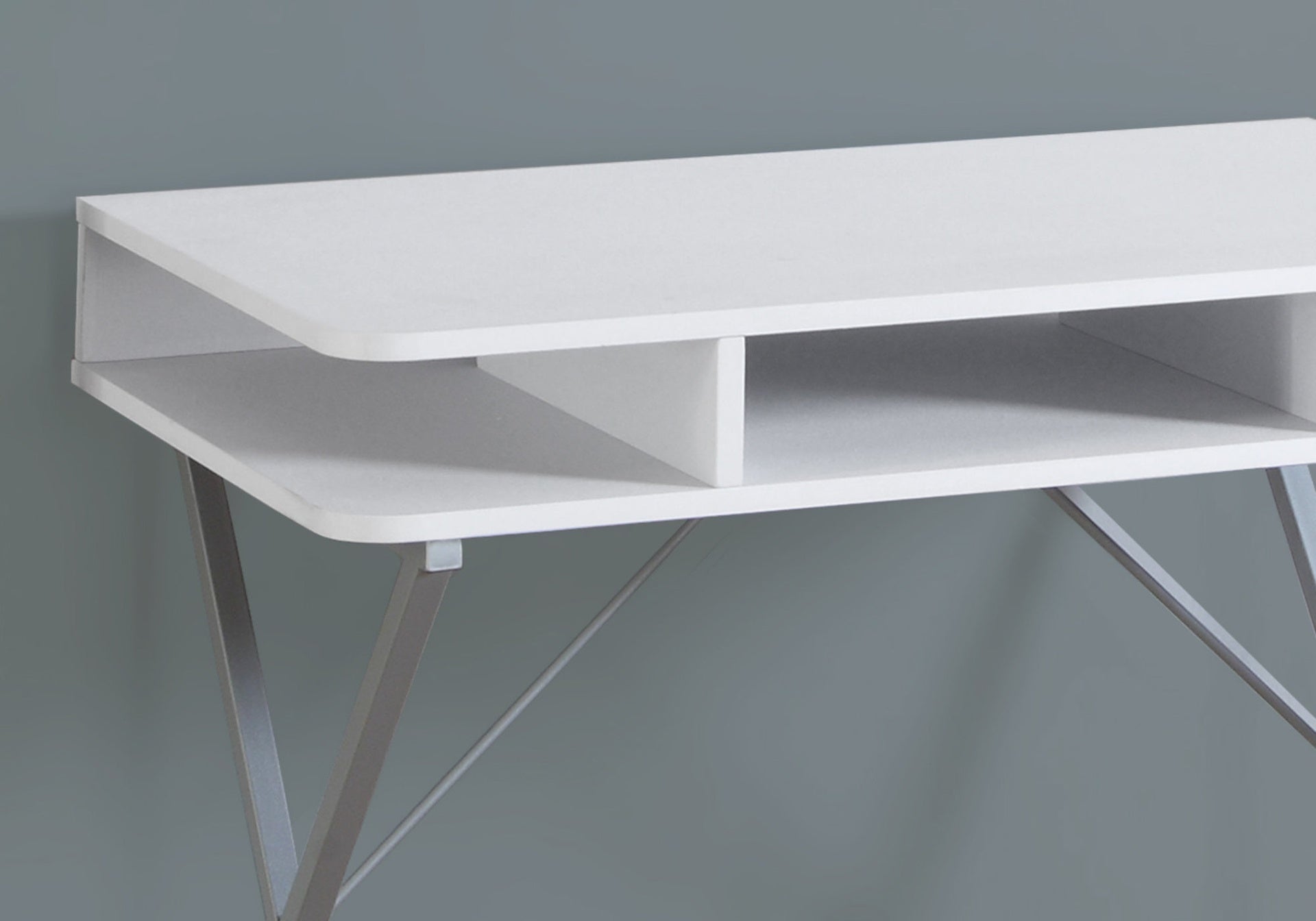 Computer Desk, Home Office, Laptop, Storage Shelves, 31"l, Work, White Laminate, Grey Metal, Contemporary, Modern