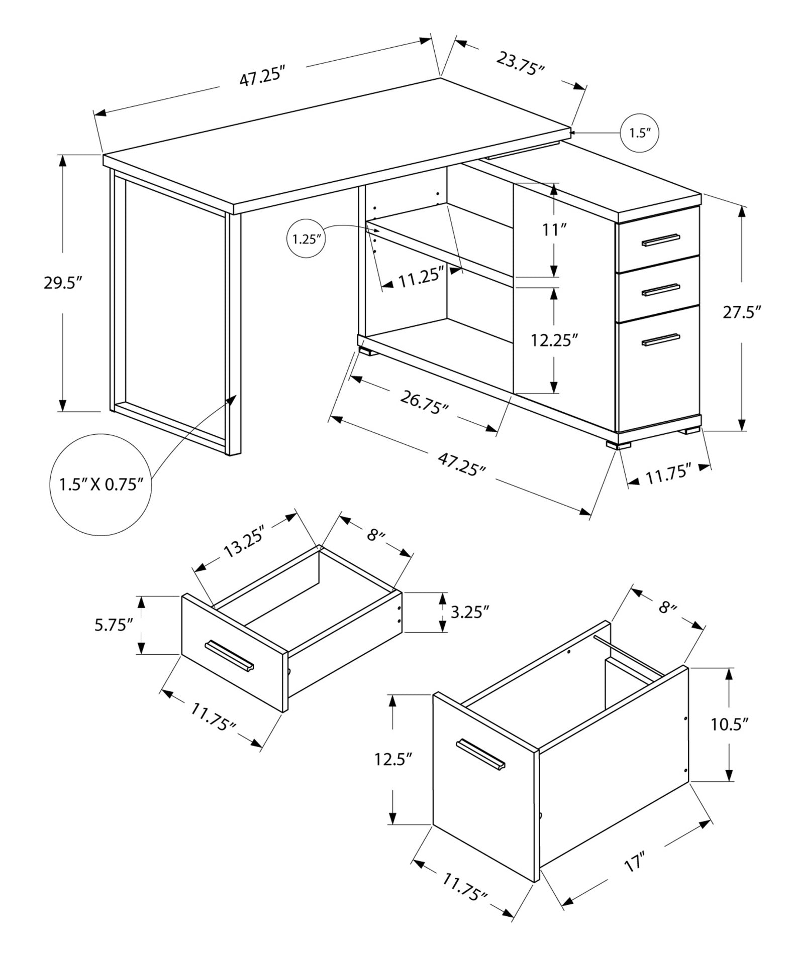 Computer Desk, Home Office, Corner, Left, Right Set-up, Storage Drawers, L Shape, Work, Laptop, Brown Laminate, Grey Metal, Contemporary, Modern