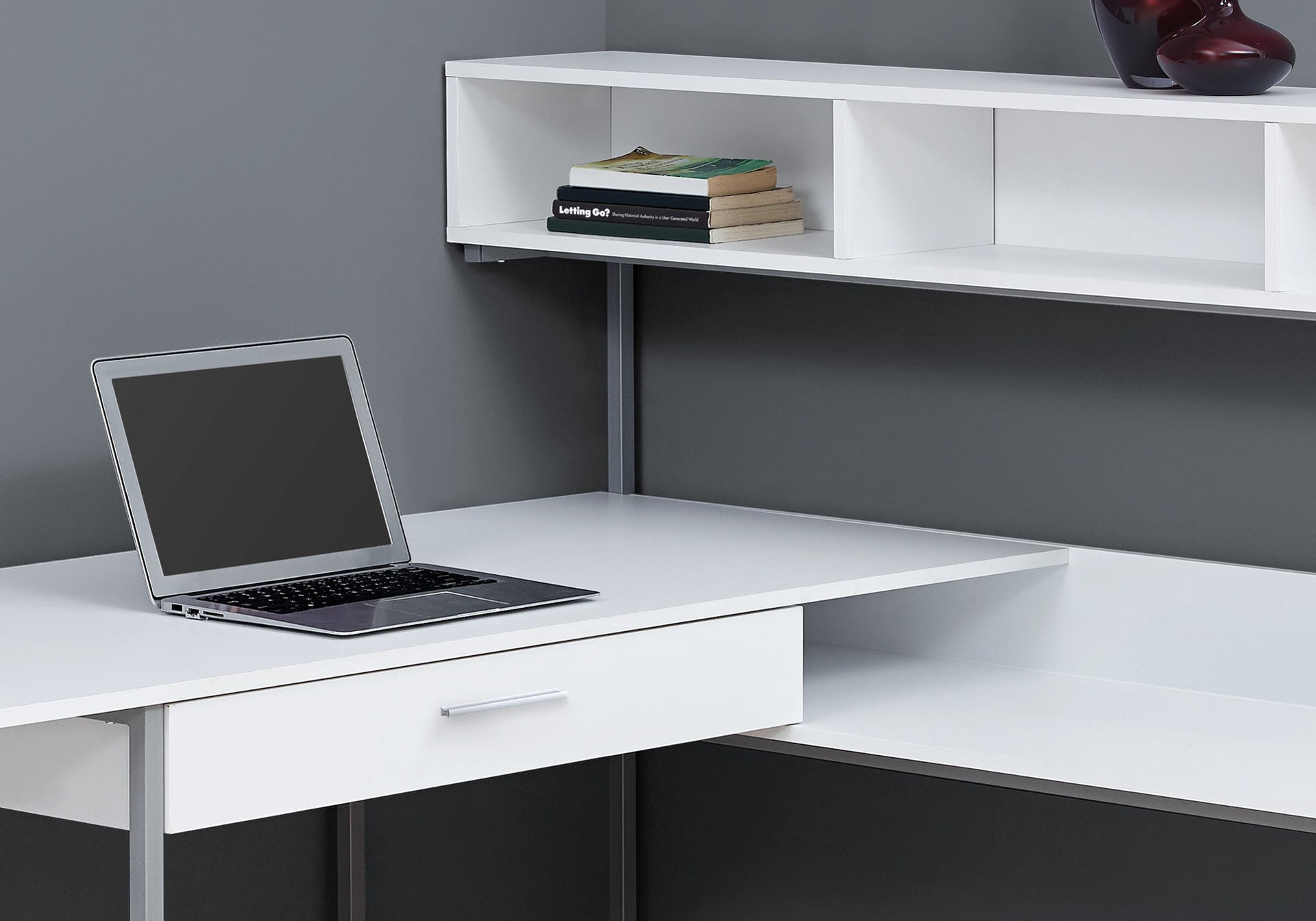 Computer Desk, Home Office, Corner, Storage Drawers, L Shape, Work, Laptop, White Laminate, Grey Metal, Contemporary, Modern