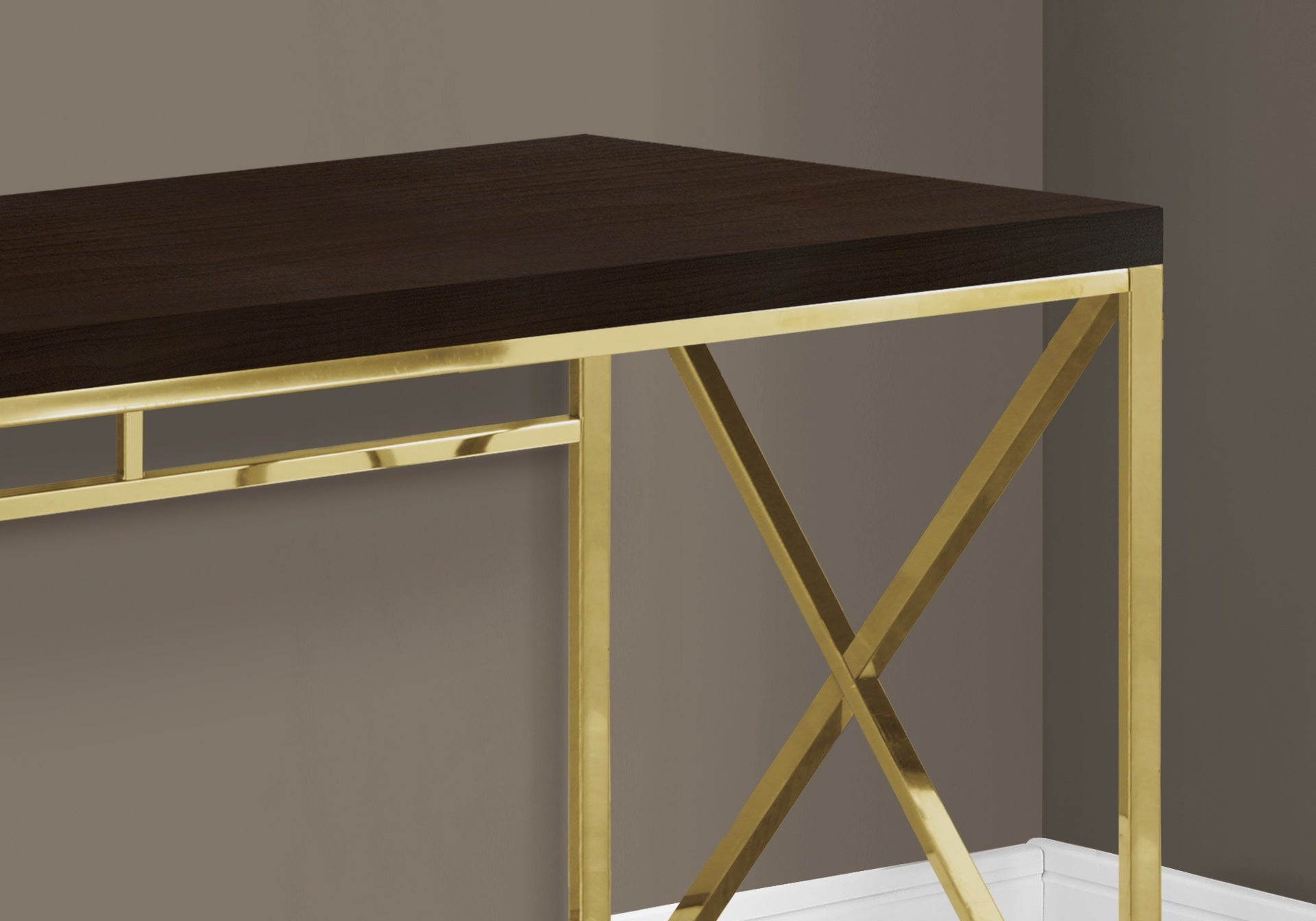 Computer Desk, Home Office, Laptop, Work, Brown Laminate, Gold Metal, Contemporary, Modern