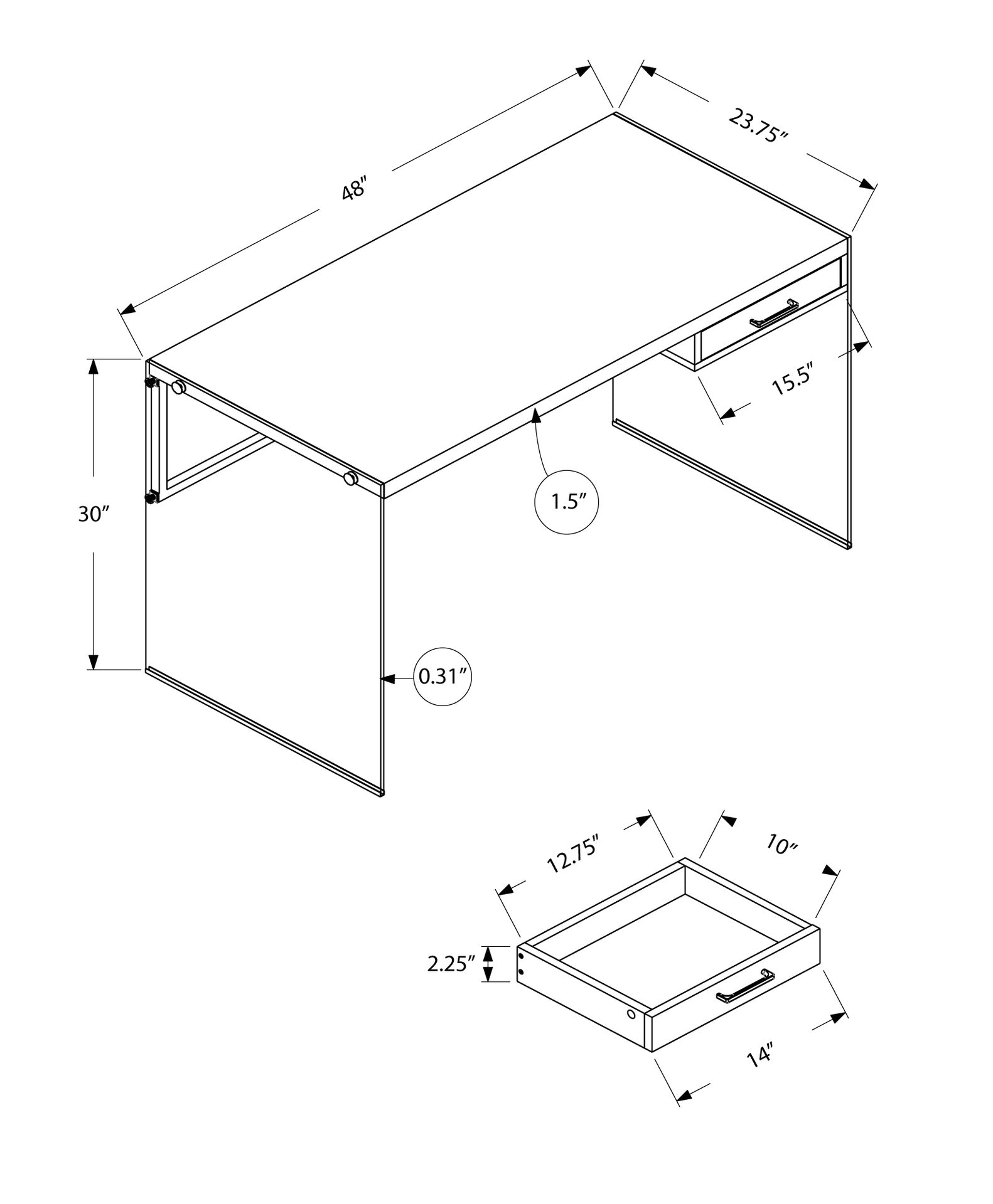 Computer Desk, Home Office, Laptop, Storage Drawers, 48"l, Work, Glossy White Laminate, Clear Tempered Glass, Contemporary, Modern