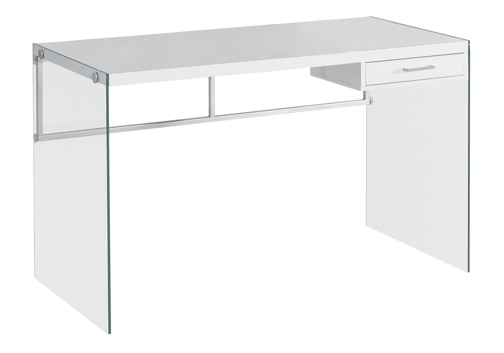 Computer Desk, Home Office, Laptop, Storage Drawers, 48"l, Work, Glossy White Laminate, Clear Tempered Glass, Contemporary, Modern