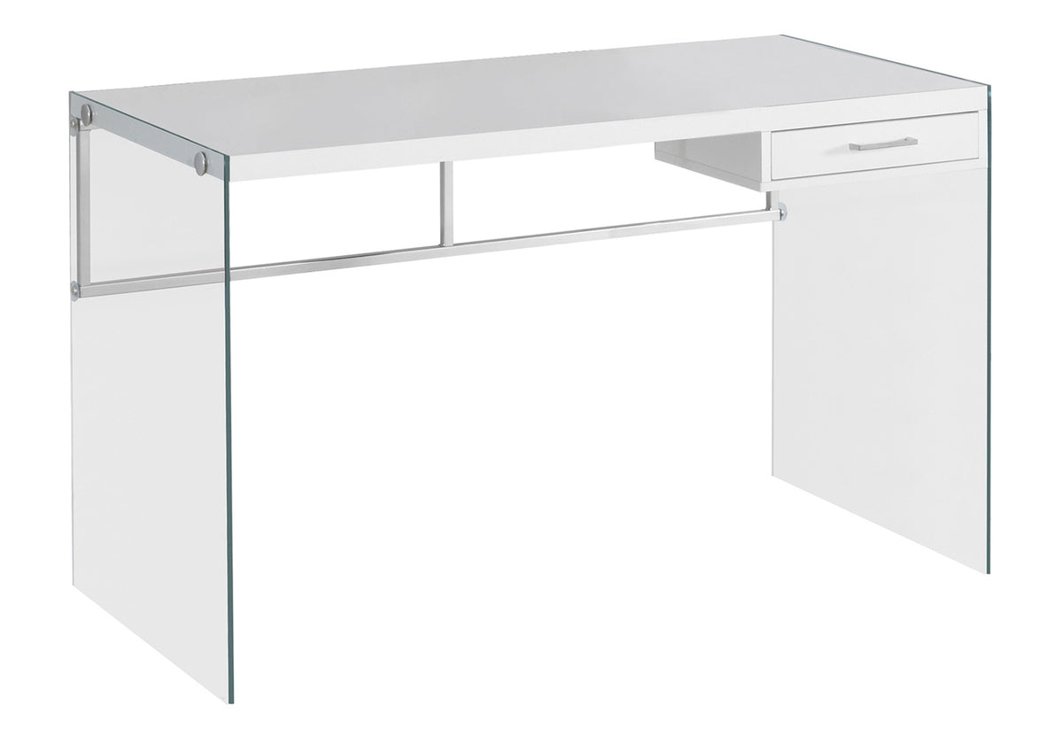 Computer Desk, Home Office, Laptop, Storage Drawers, 48"l, Work, Glossy White Laminate, Clear Tempered Glass, Contemporary, Modern