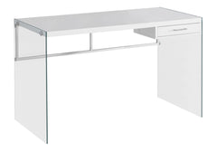 Computer Desk, Home Office, Laptop, Storage Drawers, 48"l, Work, Glossy White Laminate, Clear Tempered Glass, Contemporary, Modern