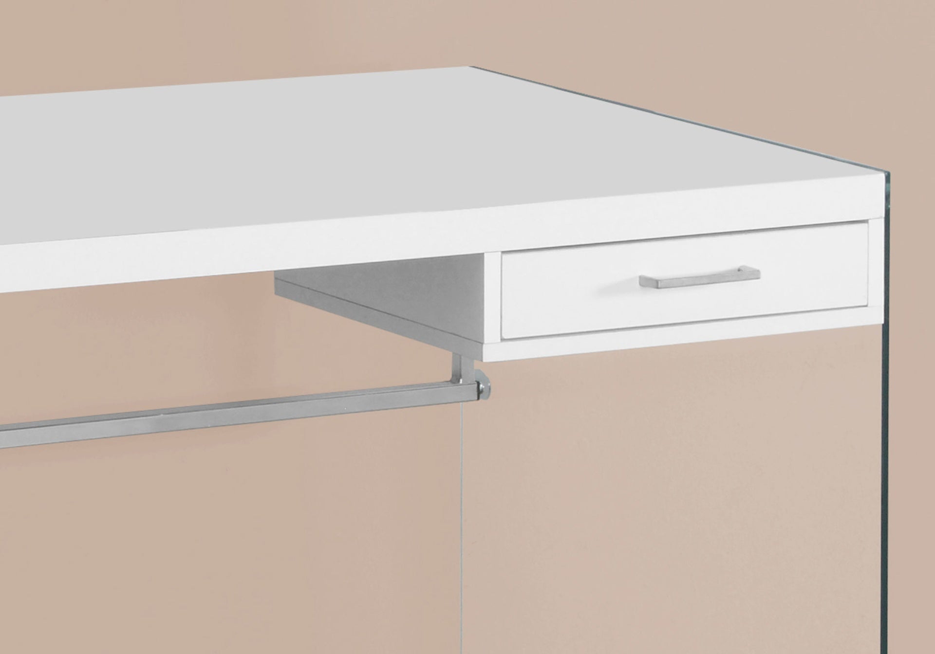 Computer Desk, Home Office, Laptop, Storage Drawers, 48"l, Work, Glossy White Laminate, Clear Tempered Glass, Contemporary, Modern