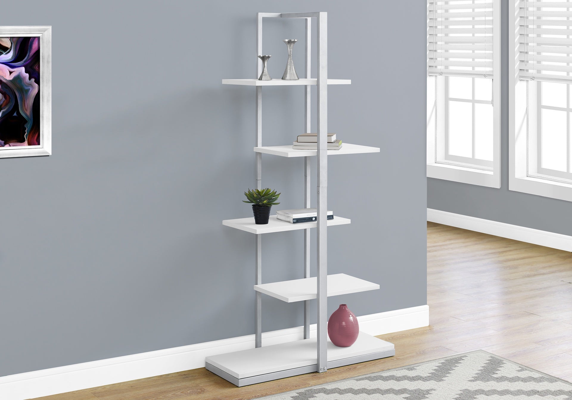 Bookshelf, Bookcase, Etagere, 5 Tier, 60"h, Office, Bedroom, White Laminate, Grey Metal, Contemporary, Modern