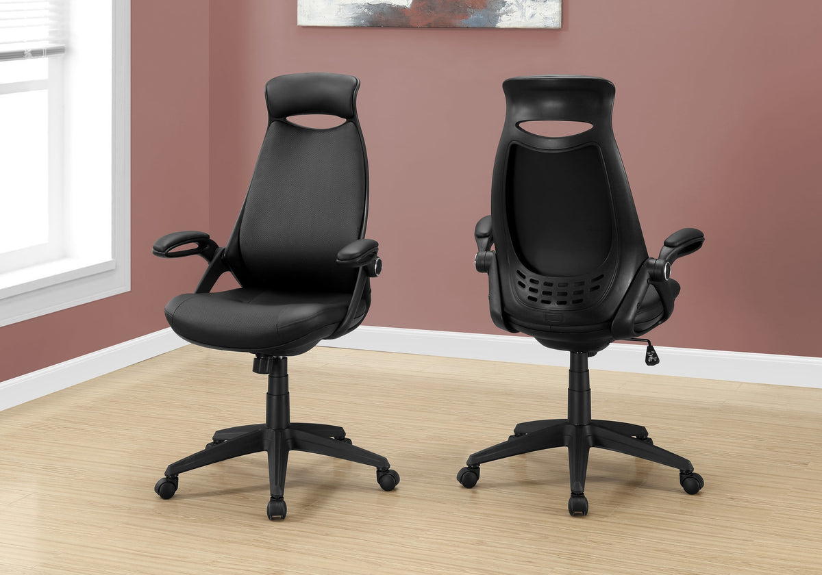 Office Chair, Adjustable Height, Swivel, Ergonomic, Armrests, Computer Desk, Work, Black Leather Look, Black Metal, Contemporary, Modern
