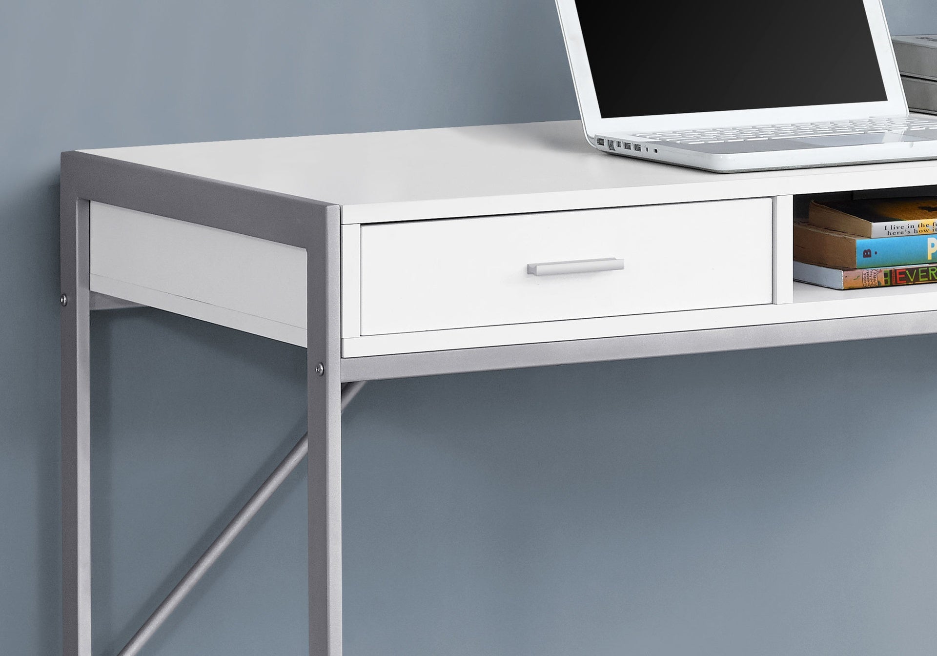 Computer Desk, Home Office, Laptop, Storage Drawers, 48"l, Work, White Laminate, Grey Metal, Contemporary, Modern