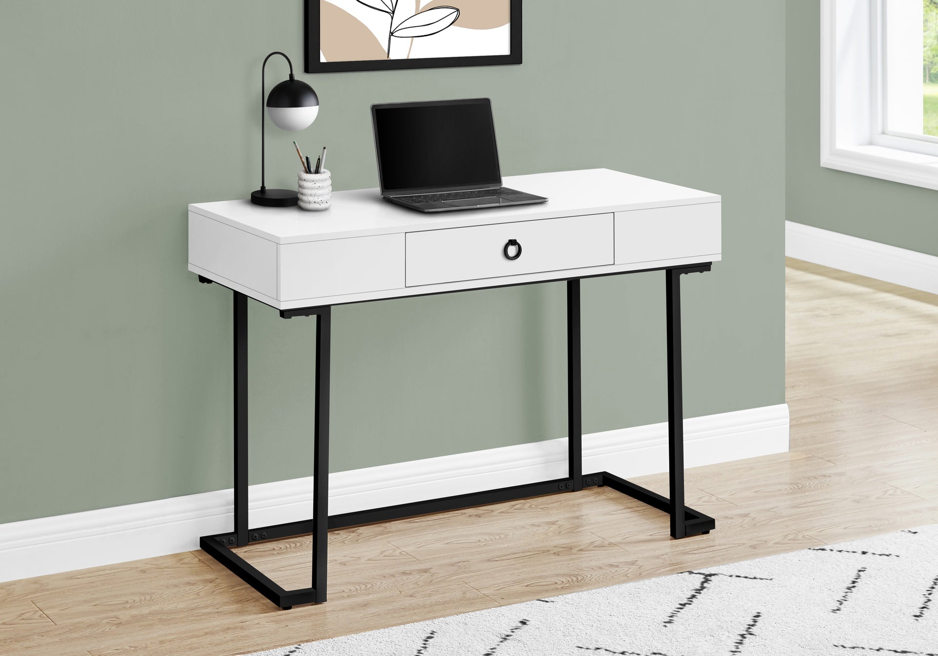 Computer Desk, Home Office, Laptop, Storage Drawers, 42"l, Work, Glossy White Laminate, Black Metal, Contemporary, Modern