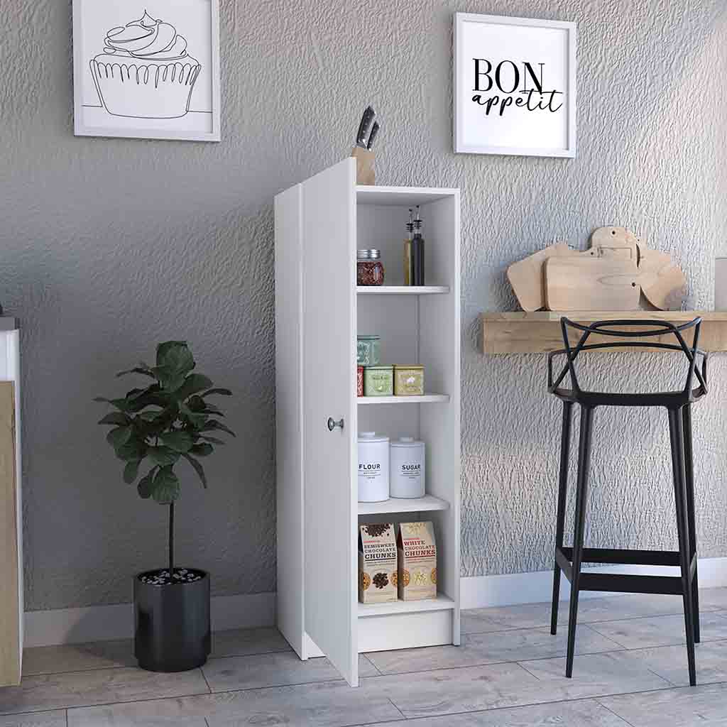 Kitchen Pantry 47" H, One Door Cabinet, Four Interior Shelves, White