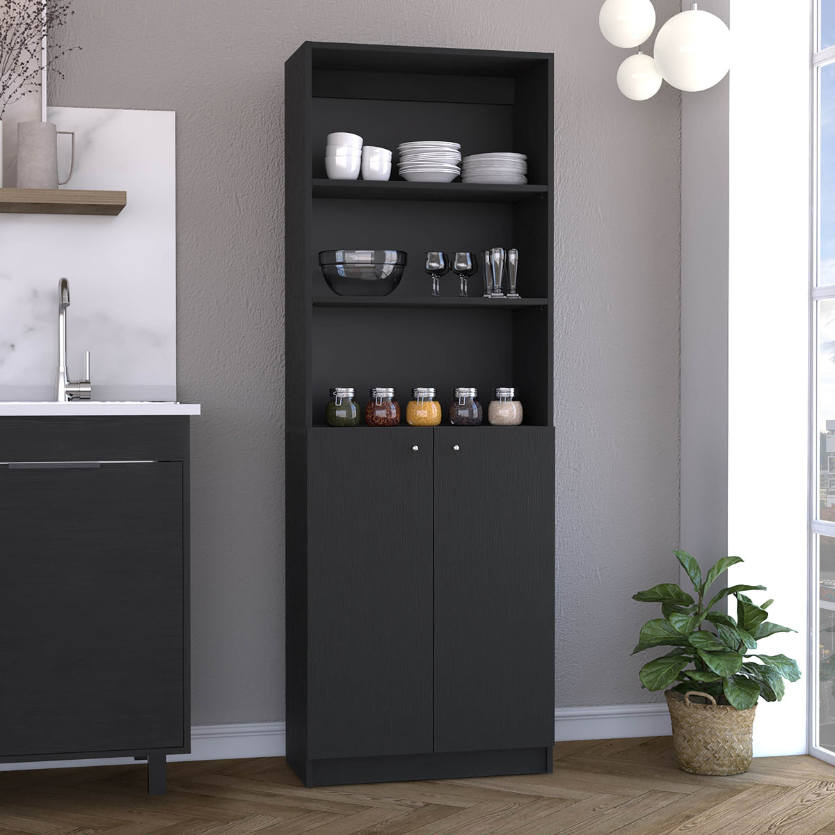Vinton 2-Door Bookcase with Upper Shelves, Black