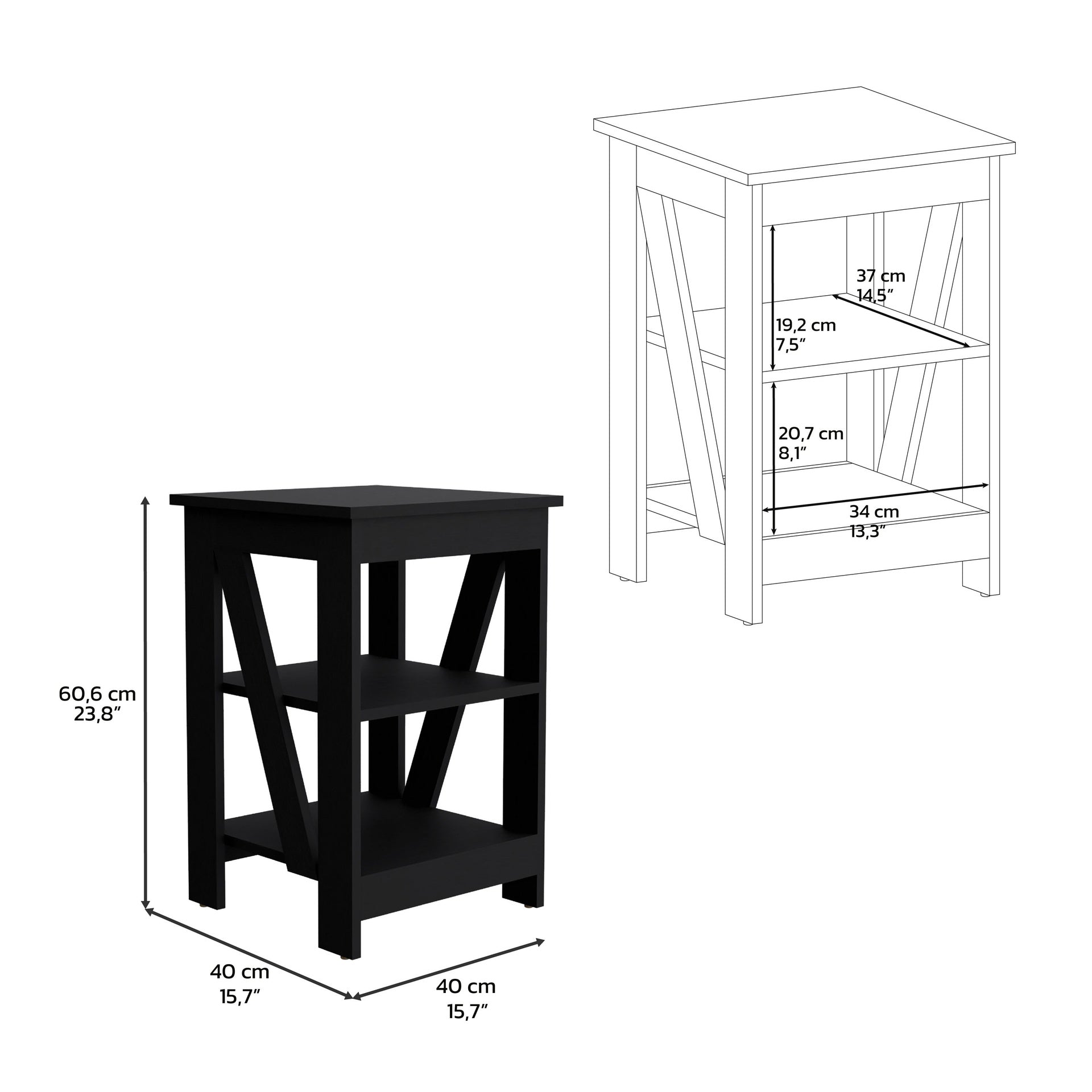 3-Tier End Table/Nightstand, Side Table for Small Space, Black