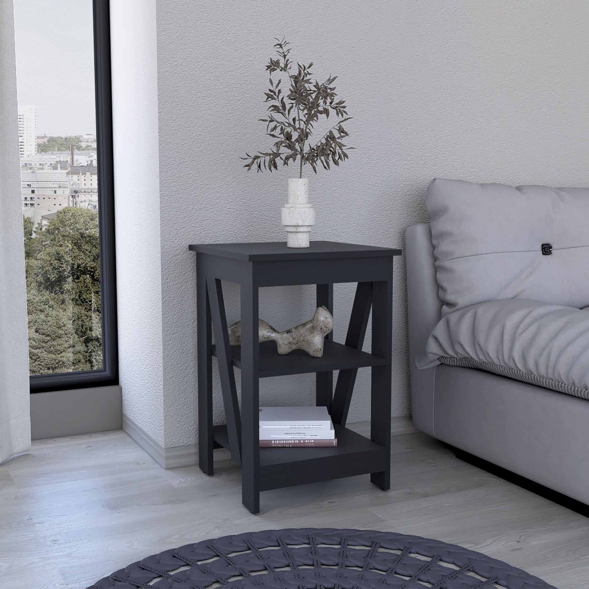 3-Tier End Table/Nightstand, Side Table for Small Space, Black
