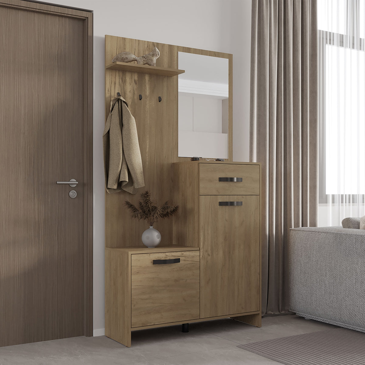 Hall Tree, 2 Doors, 1 Drawer, 1 Shelf, 1 Mirror