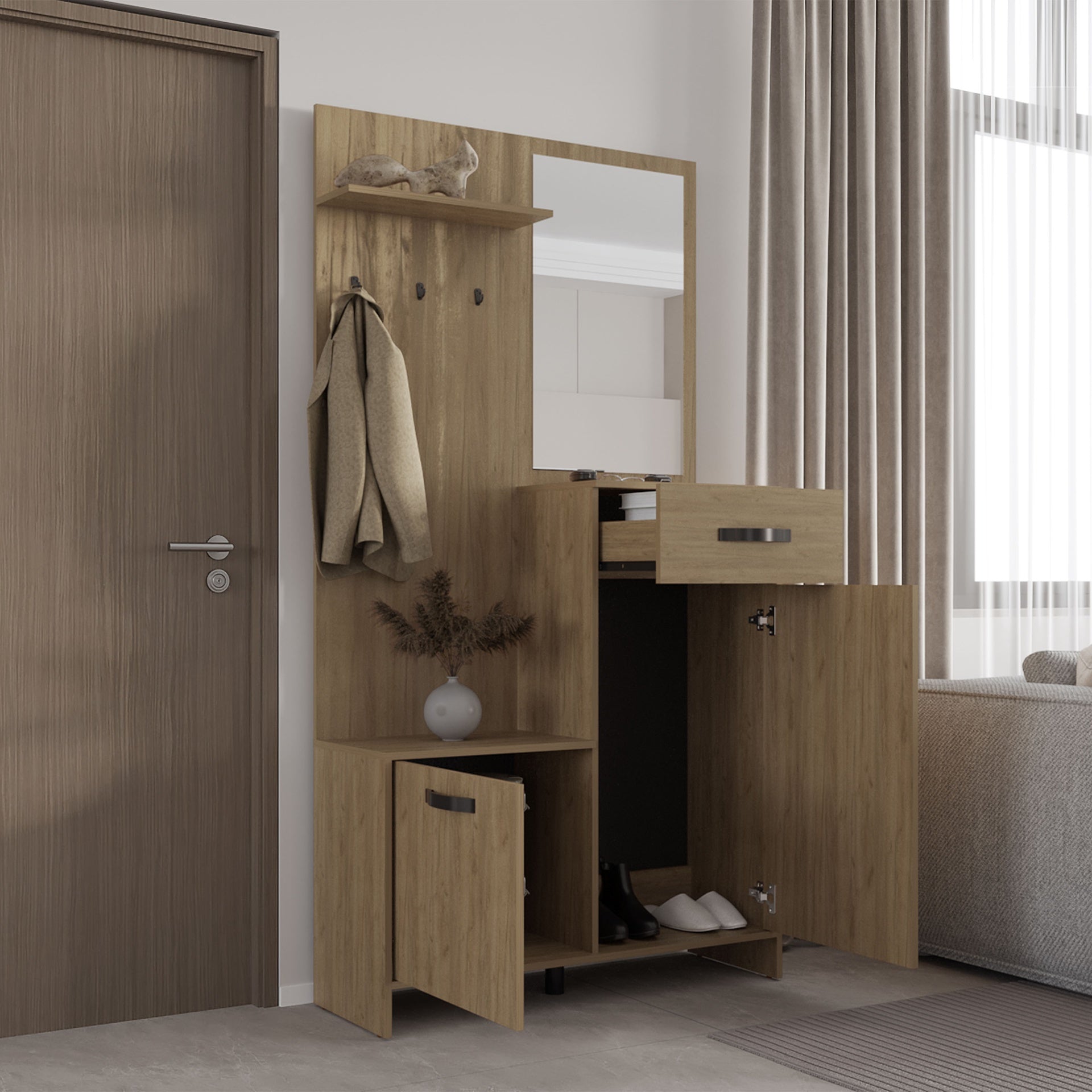 Hall Tree, 2 Doors, 1 Drawer, 1 Shelf, 1 Mirror