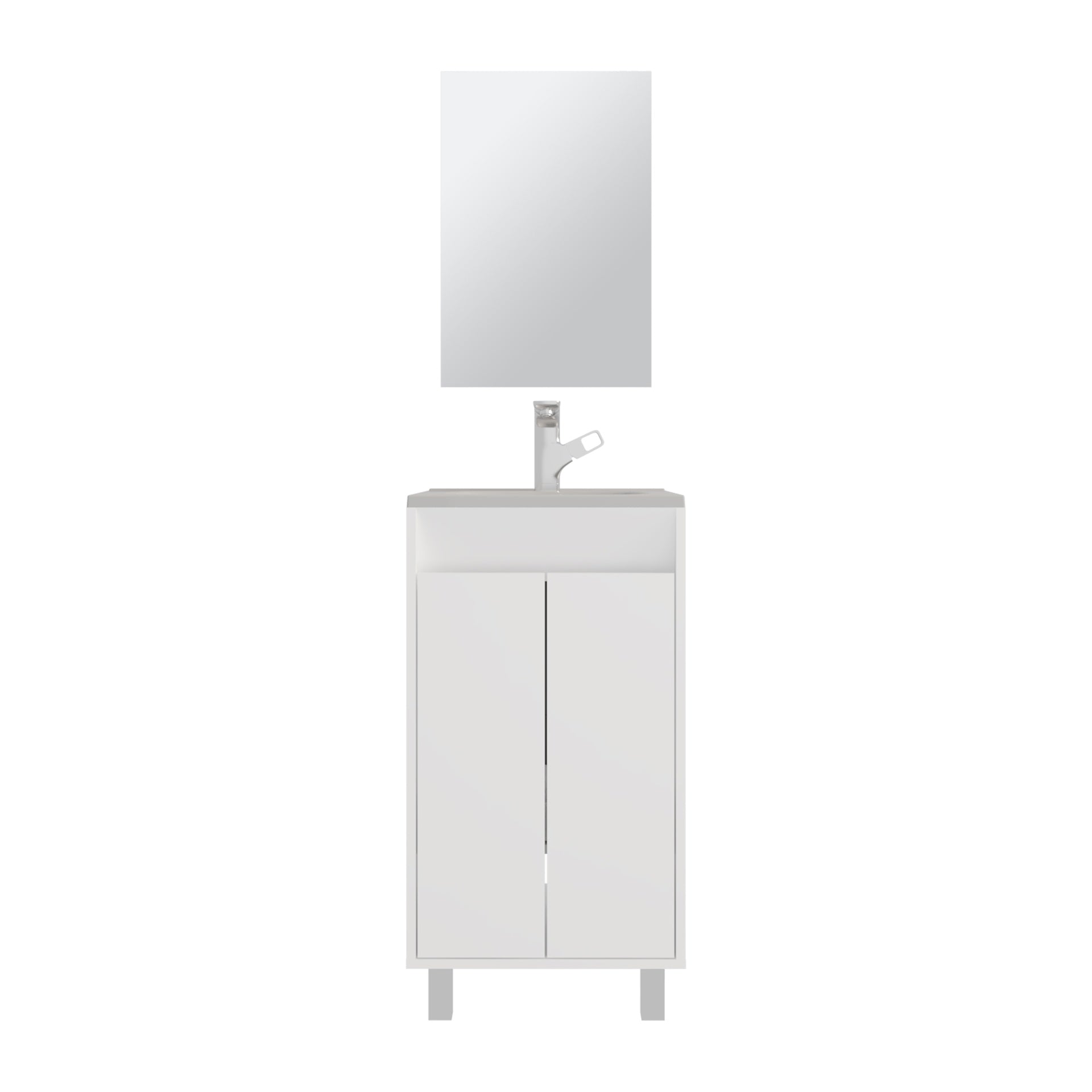 Bathroom Set, Cabinet with Sink + Mirror, 2 Doors, 4 Legs, 2 Shelves, 1 Mirror, White