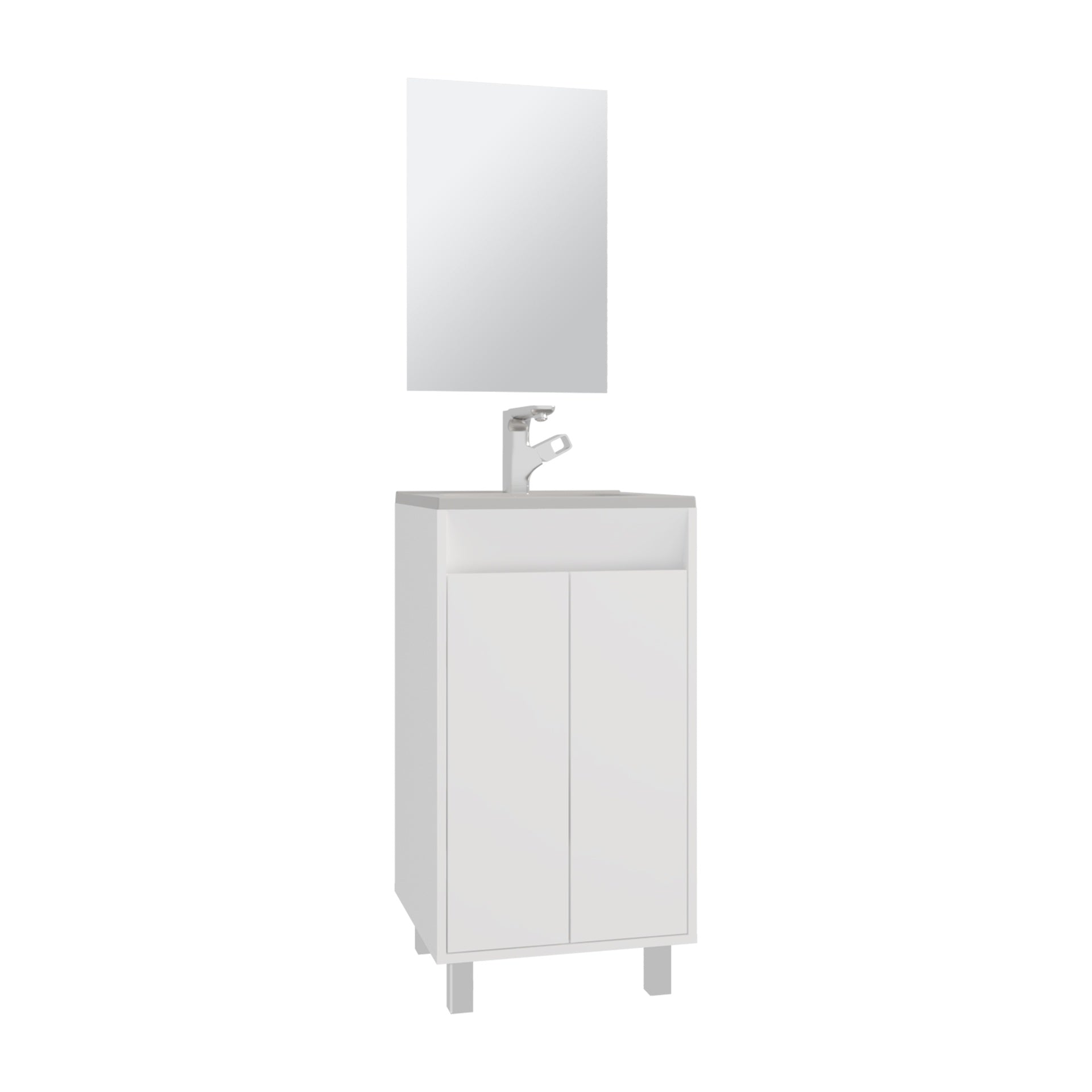 Bathroom Set, Cabinet with Sink + Mirror, 2 Doors, 4 Legs, 2 Shelves, 1 Mirror, White