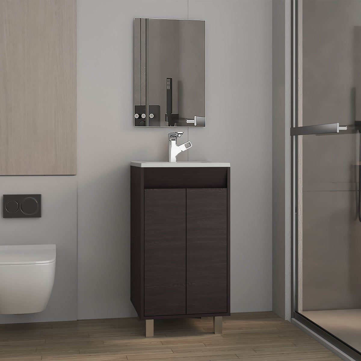 Bathroom Set, Cabinet with Sink + Mirror, 2 Doors, 4 Legs, 2 Shelves, 1 Mirror, Black Wengue