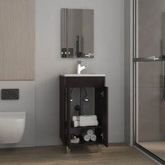 Bathroom Set, Cabinet with Sink + Mirror, 2 Doors, 4 Legs, 2 Shelves, 1 Mirror, Black Wengue