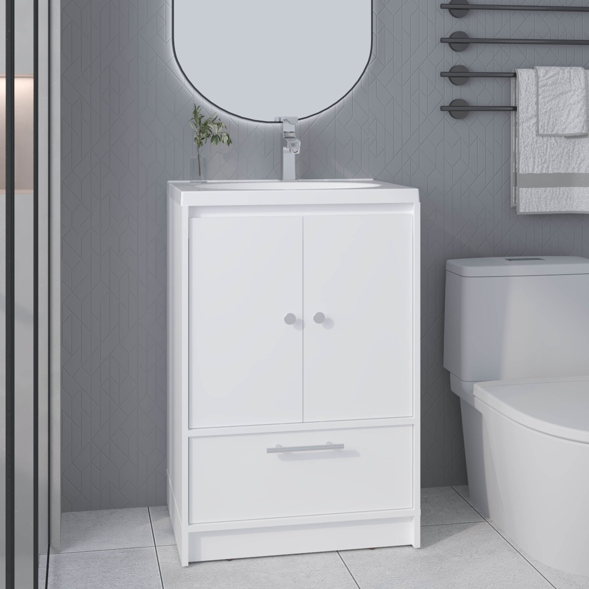 Bathroom Vanity with Sink, 2 Doors, 1 Drawer, White