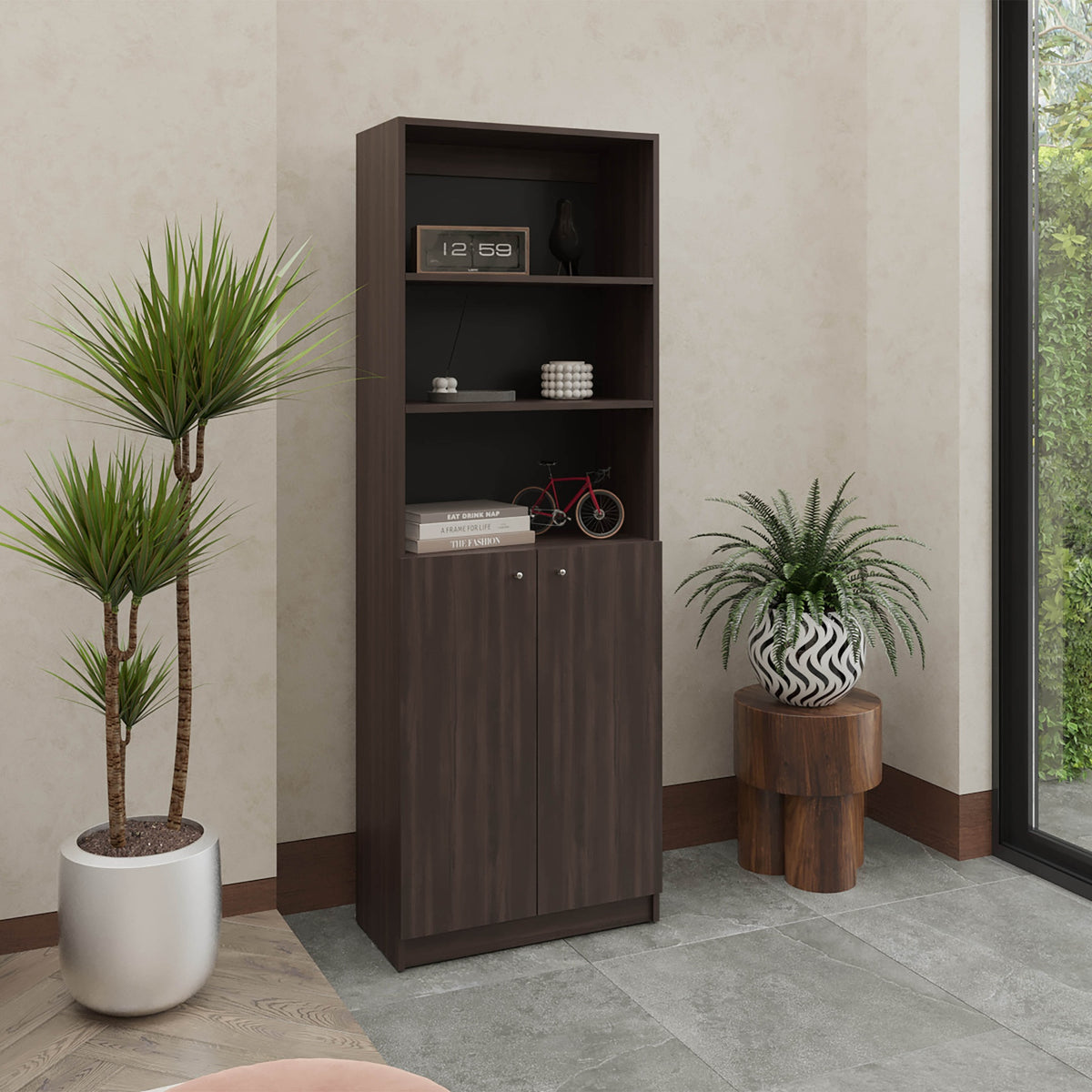 2-Door Bookcase with Upper Shelves, Dark Walnut / Black Wengue