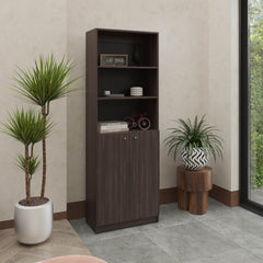 2-Door Bookcase with Upper Shelves, Dark Walnut / Black Wengue