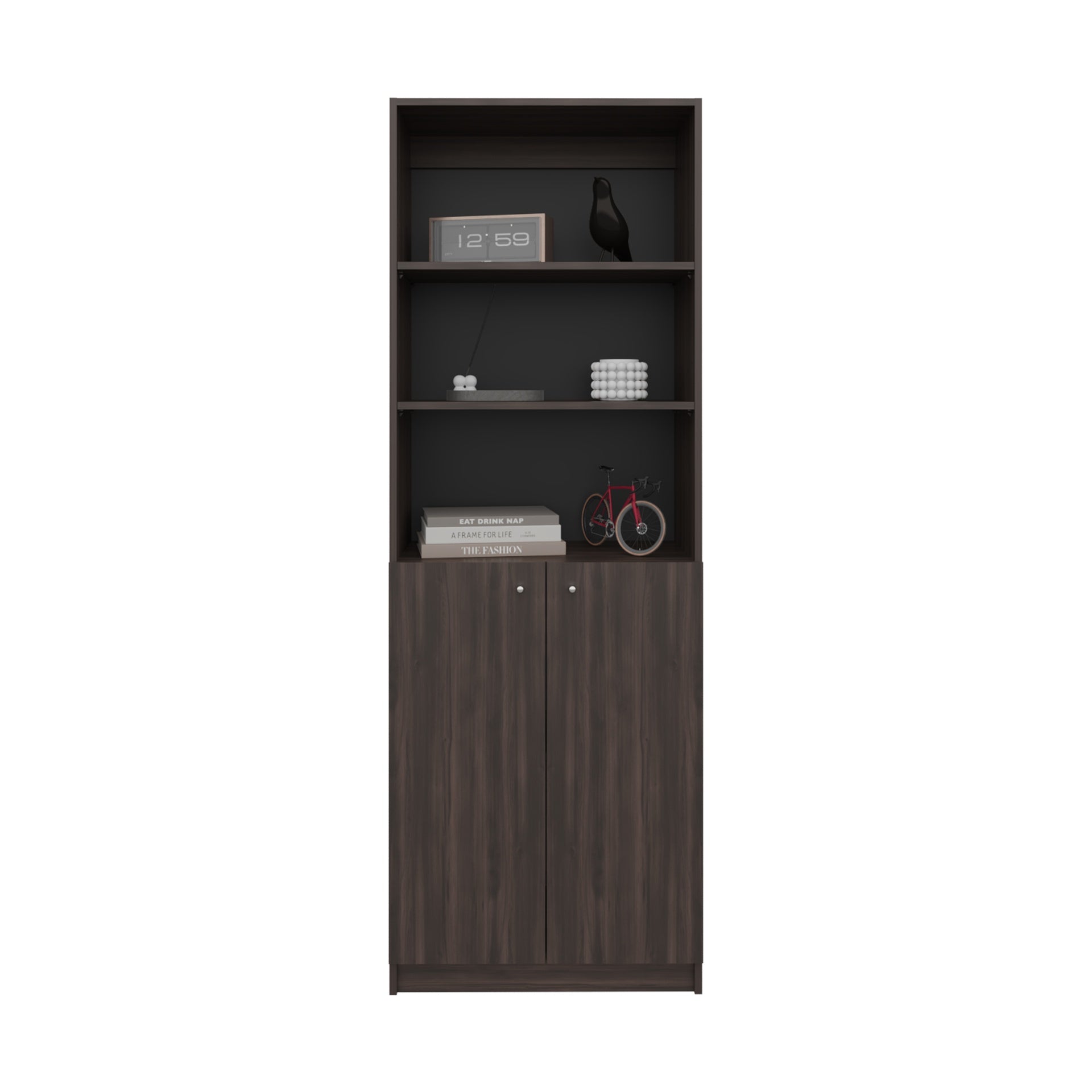 2-Door Bookcase with Upper Shelves, Dark Walnut / Black Wengue