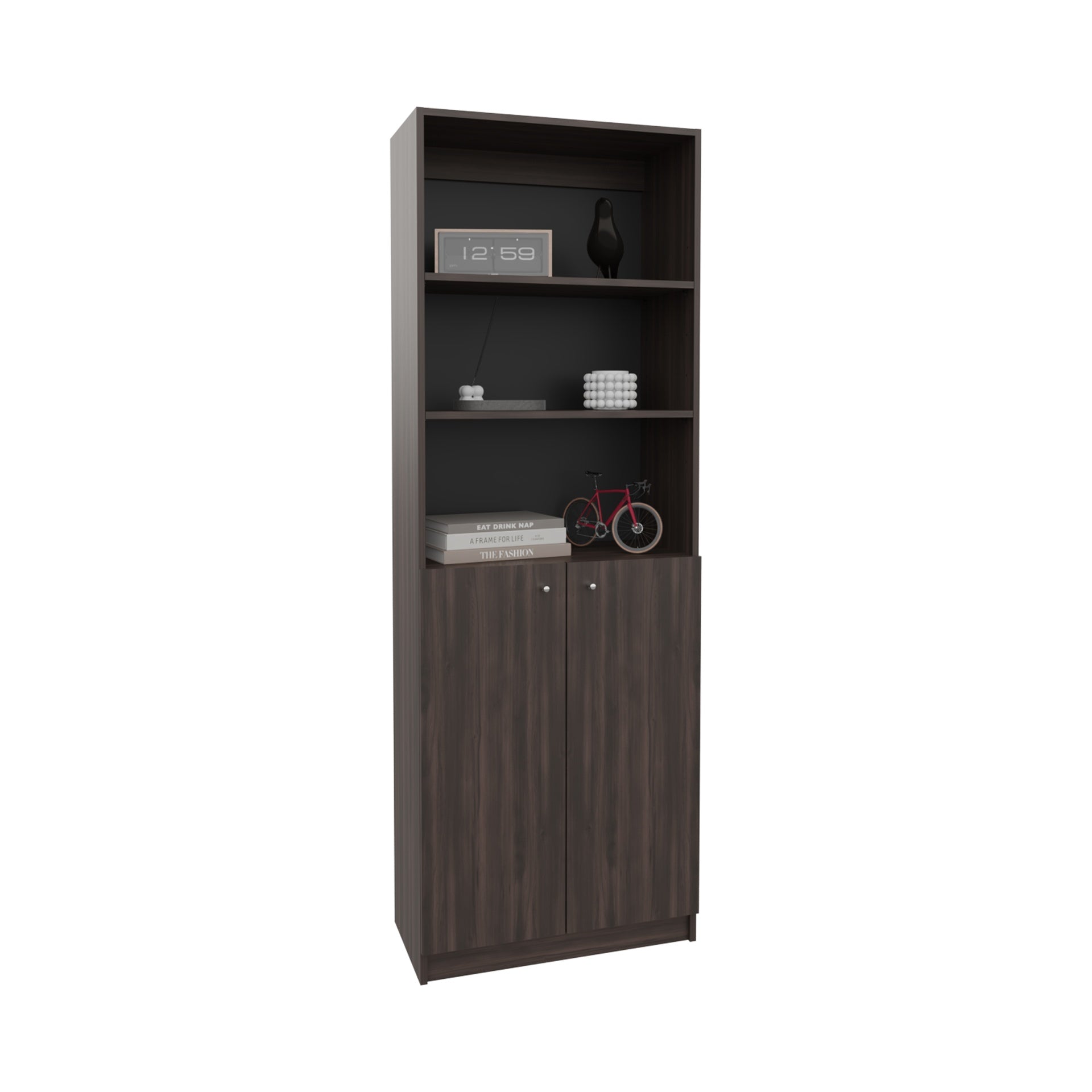 2-Door Bookcase with Upper Shelves, Dark Walnut / Black Wengue