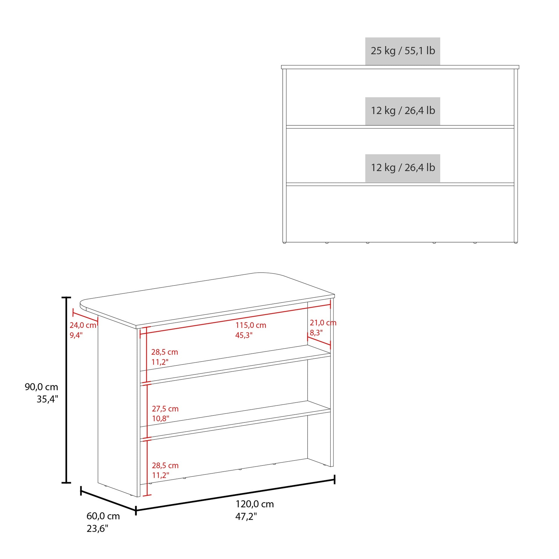 Kitchen Island 35.4" H, 3 Shelves, White / Black Wengue - Kitchen