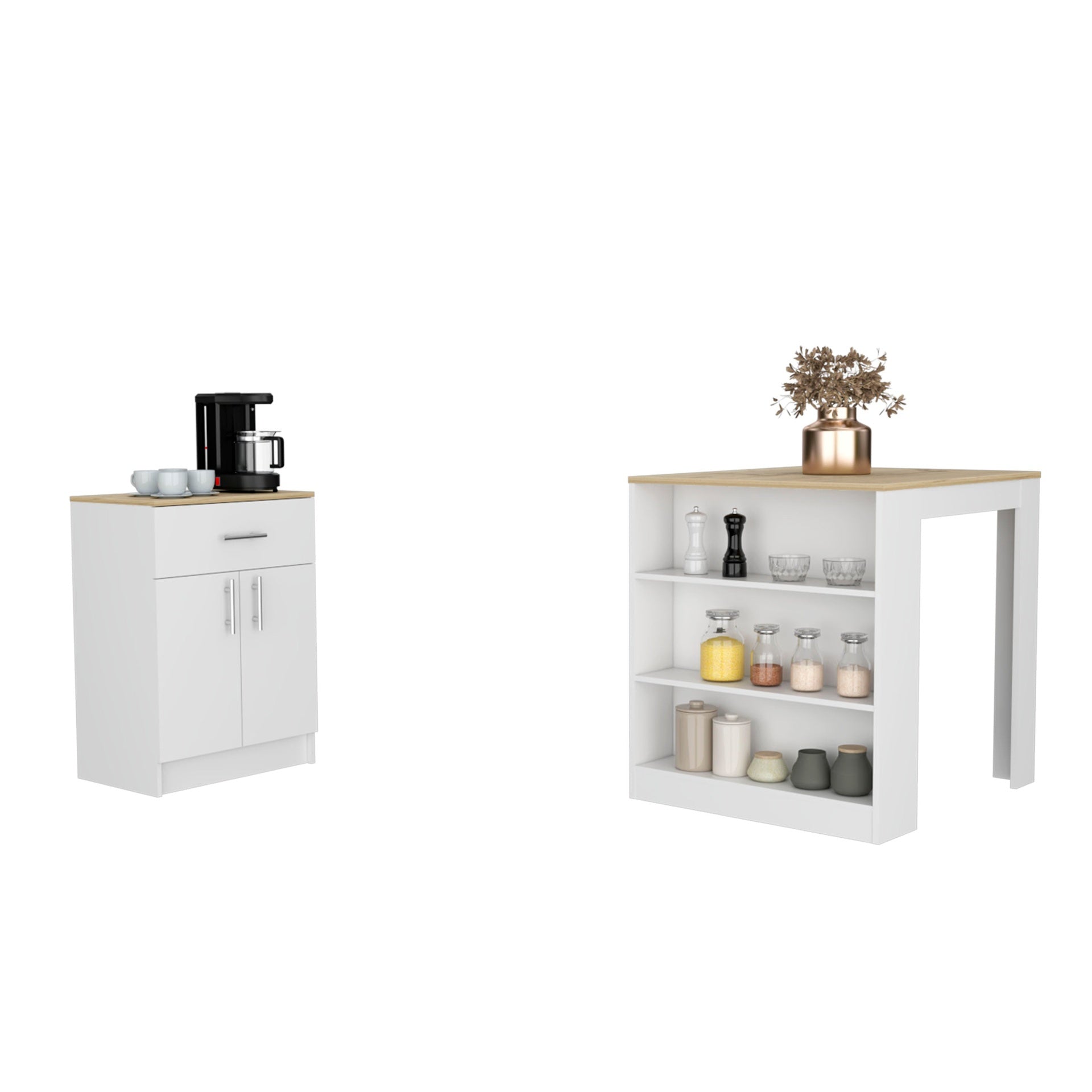 2 Piece Kitchen Set, Kitchen Island Table + Pantry Cabinet, White / Light Oak
