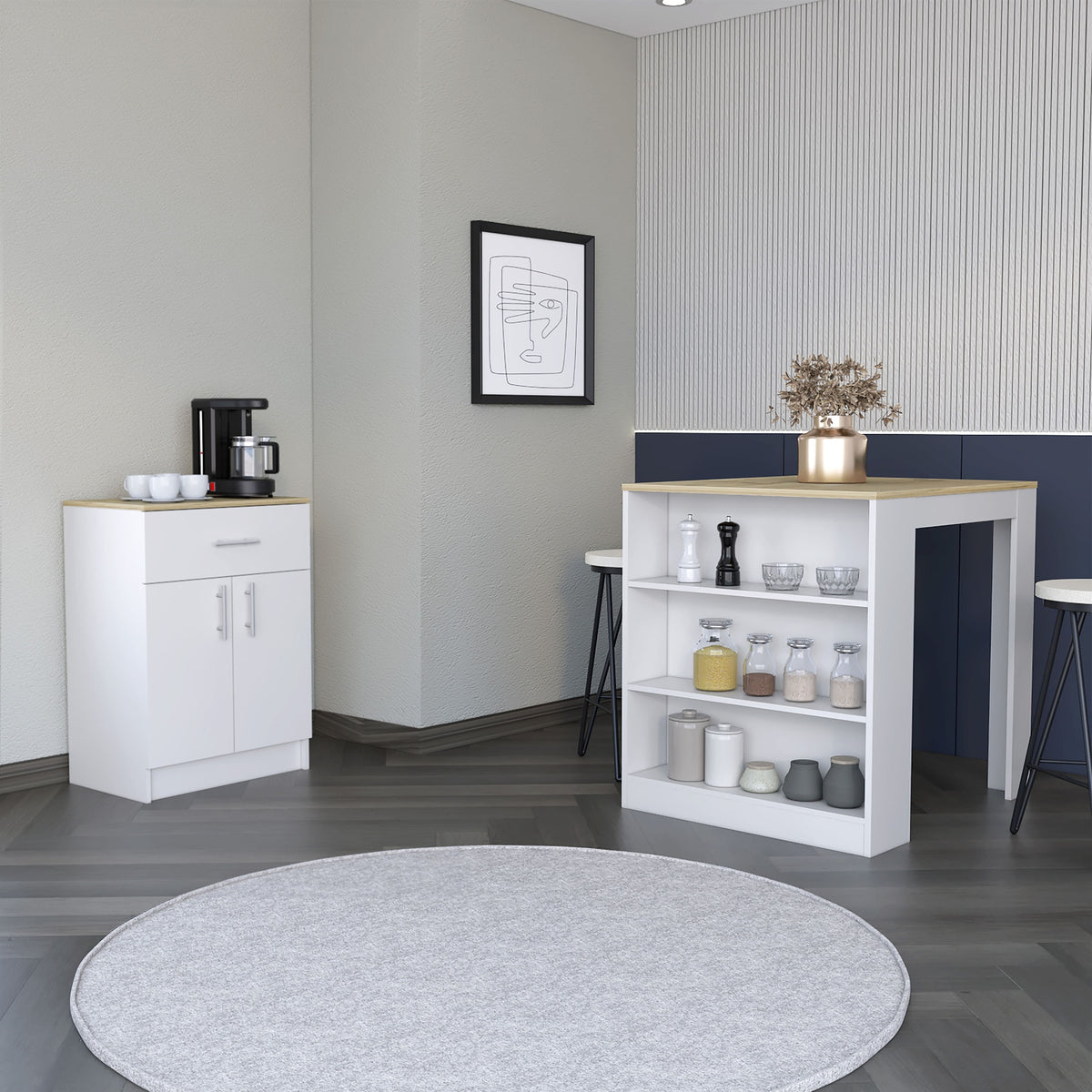2 Piece Kitchen Set, Kitchen Island Table + Pantry Cabinet, White / Light Oak