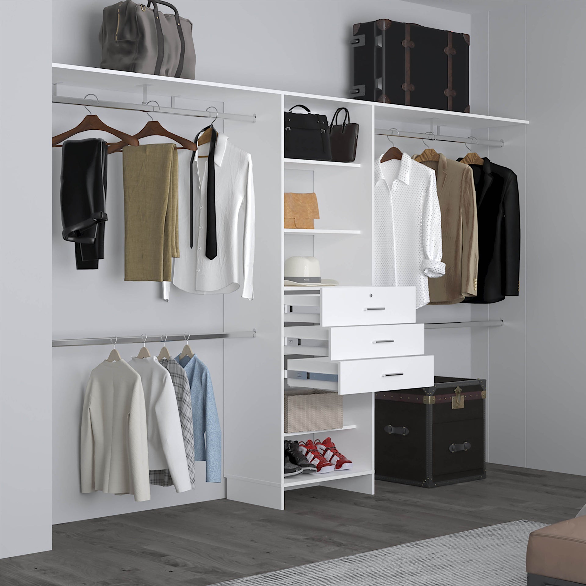 Closet System, 3 Drawers, 5 Shelves