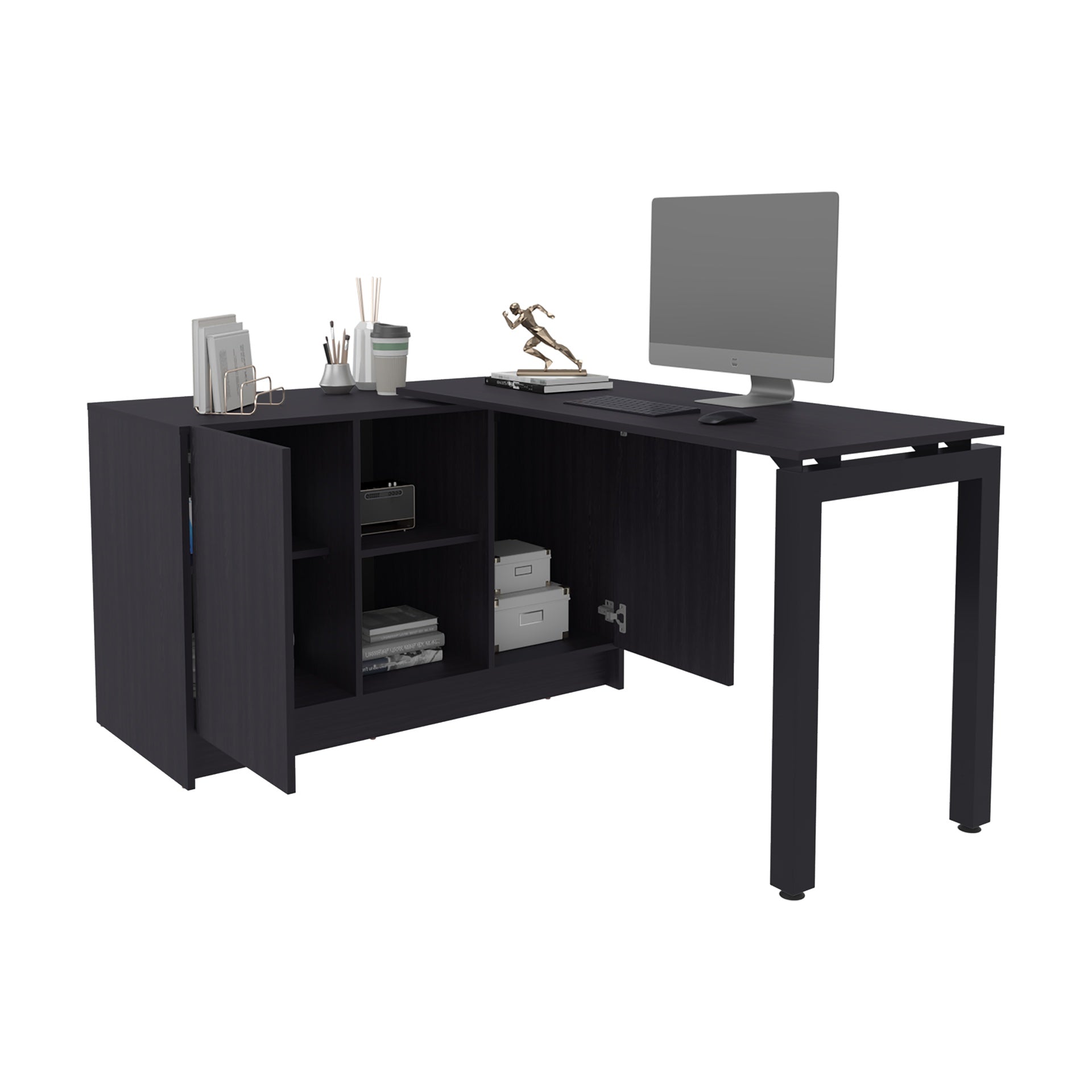 Desk 28.5" H, 2 Doors, 5 Shelves, 2 Legs, Black Wengue - Home Office