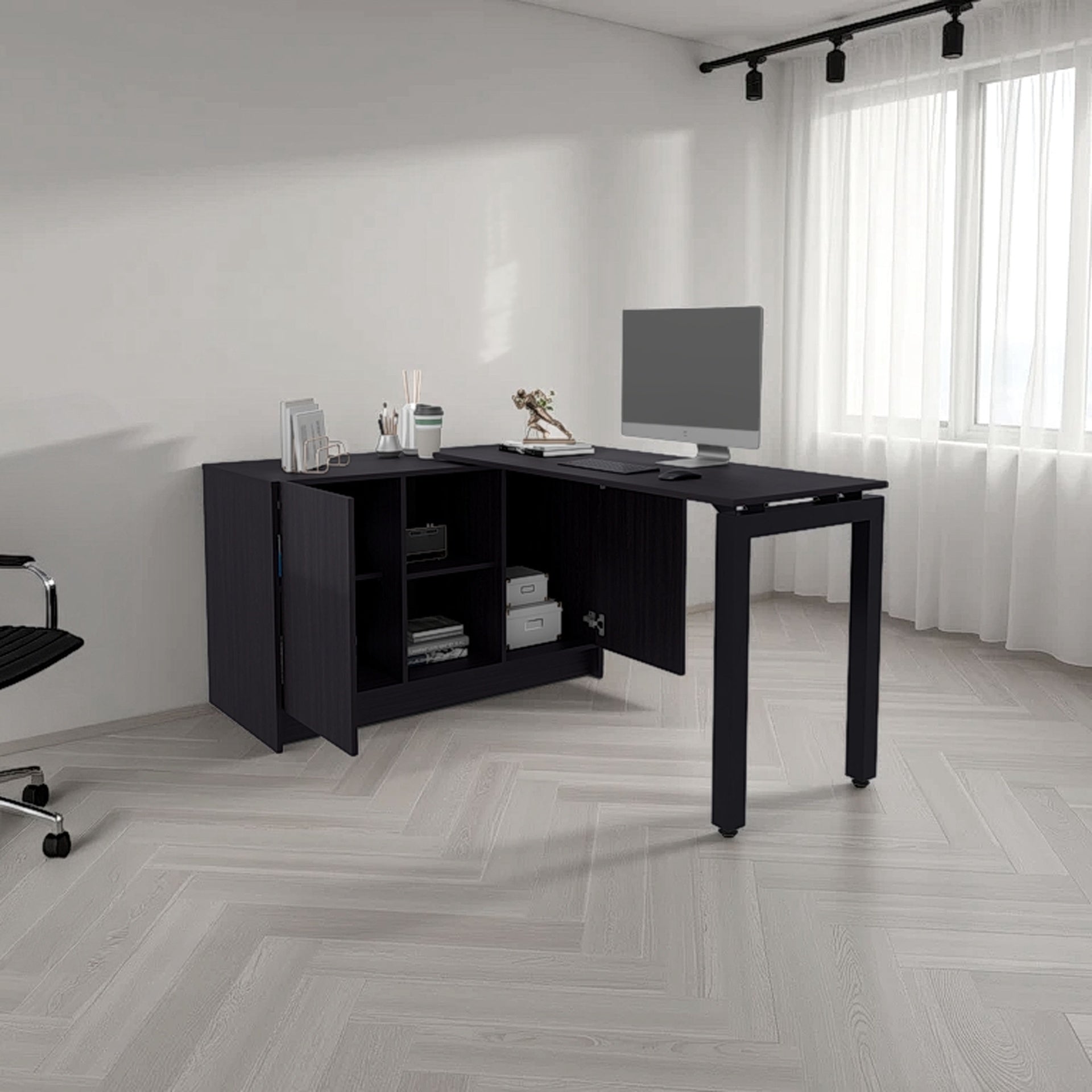 Desk 28.5" H, 2 Doors, 5 Shelves, 2 Legs, Black Wengue - Home Office