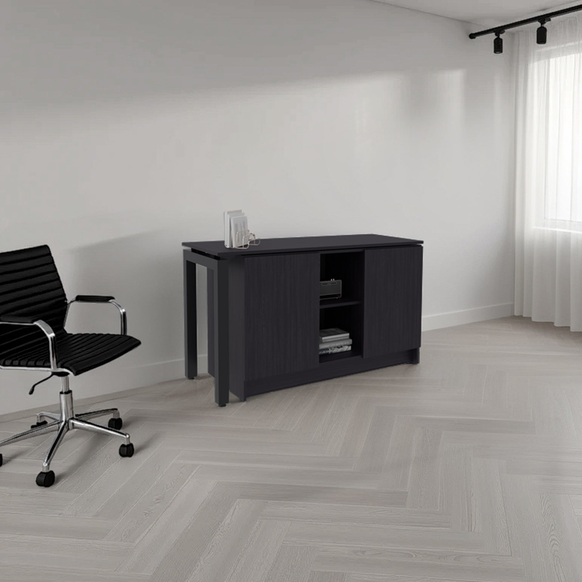 Desk 28.5" H, 2 Doors, 5 Shelves, 2 Legs, Black Wengue - Home Office