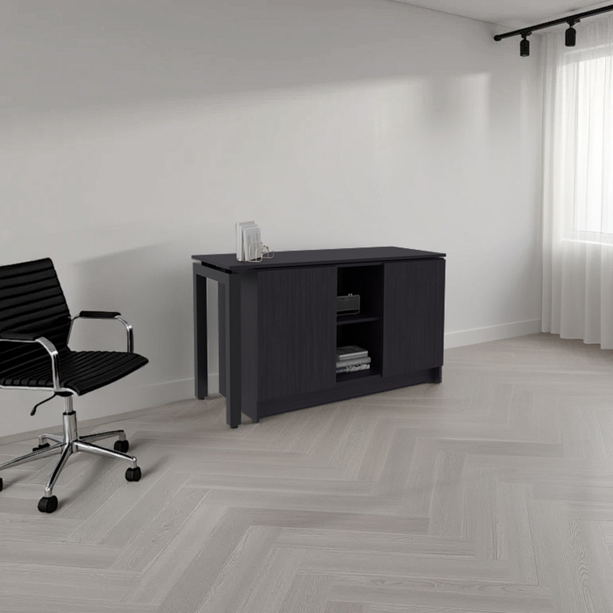 Desk 28.5" H, 2 Doors, 5 Shelves, 2 Legs, Black Wengue - Home Office