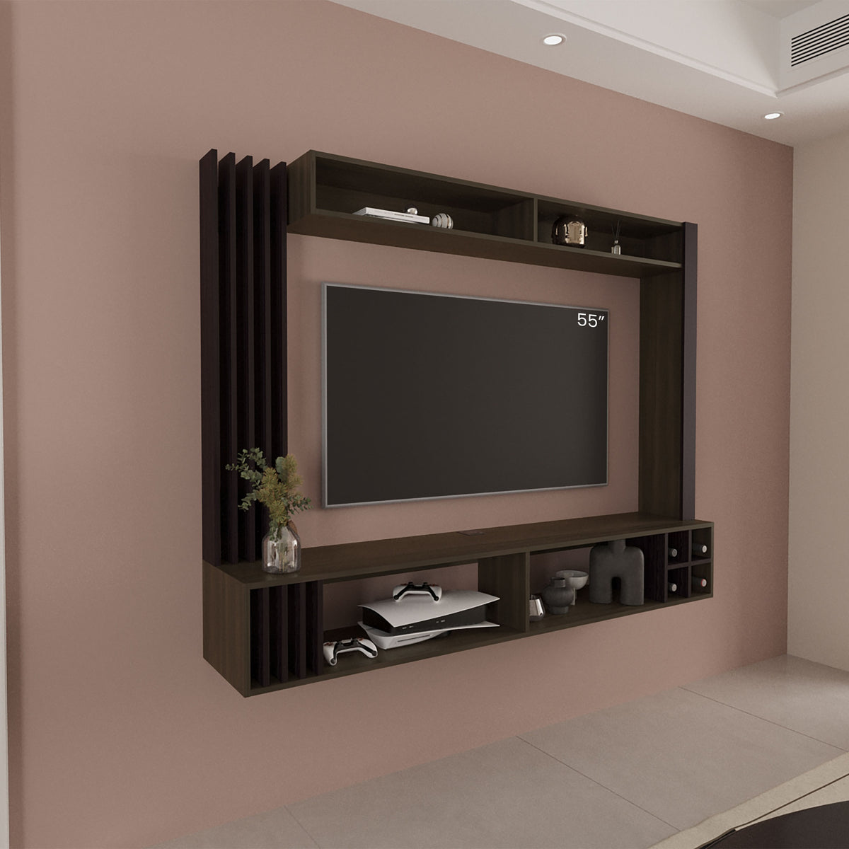 Entertainment Center 55.1" H, 8 Shelves, Dark Walnut/Black Wengue