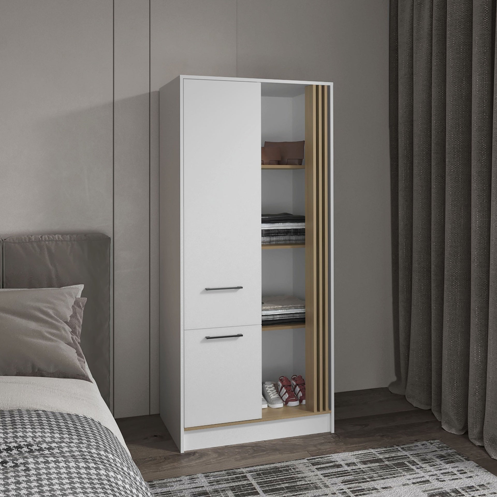Armoire 70.8 inch H, 1 Door, 1 Drawer, 4 Shelves, White/Natural Oak - Bedroom
