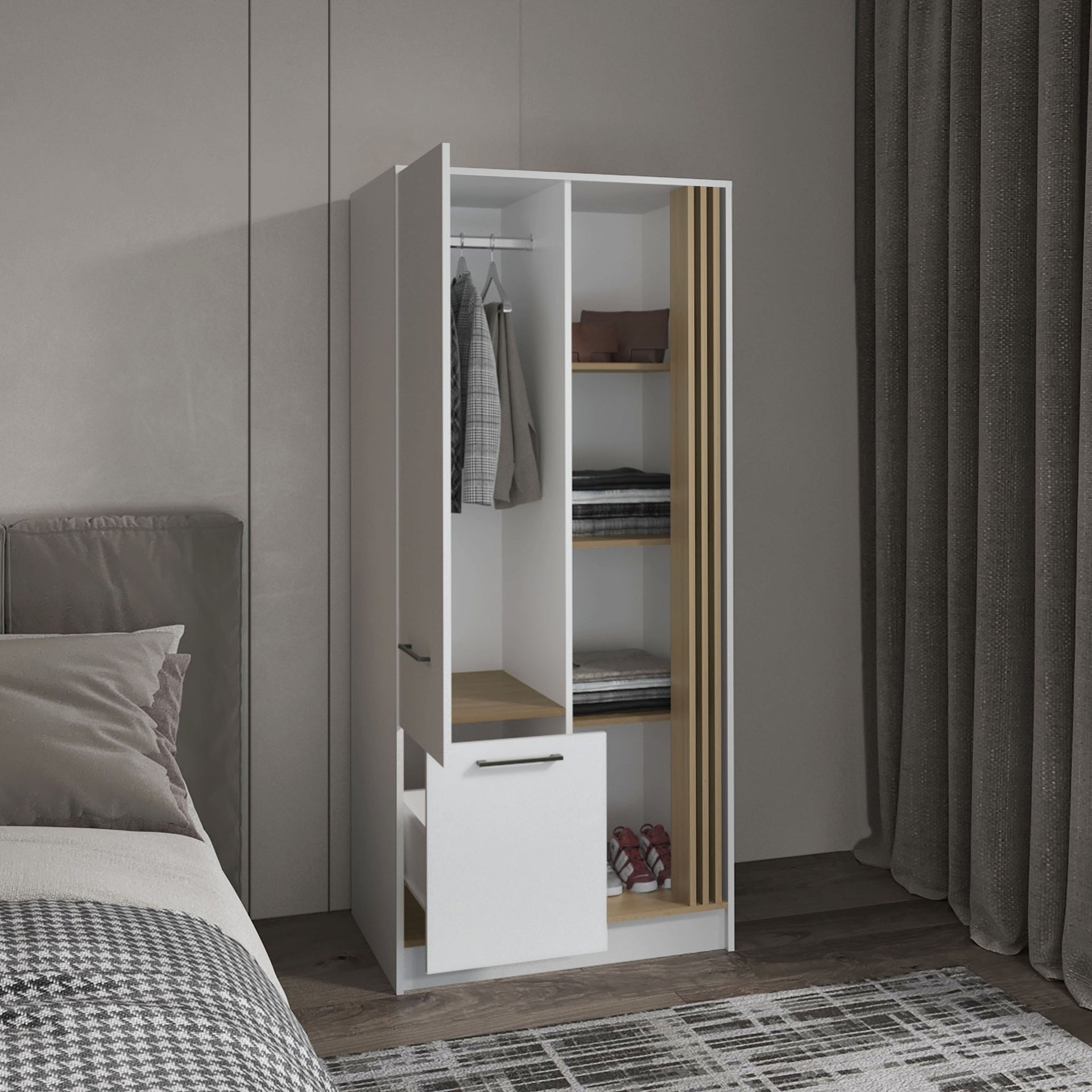 Armoire 70.8 inch H, 1 Door, 1 Drawer, 4 Shelves, White/Natural Oak - Bedroom