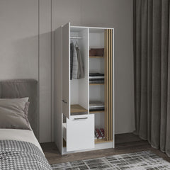 Armoire 70.8 inch H, 1 Door, 1 Drawer, 4 Shelves, White/Natural Oak - Bedroom