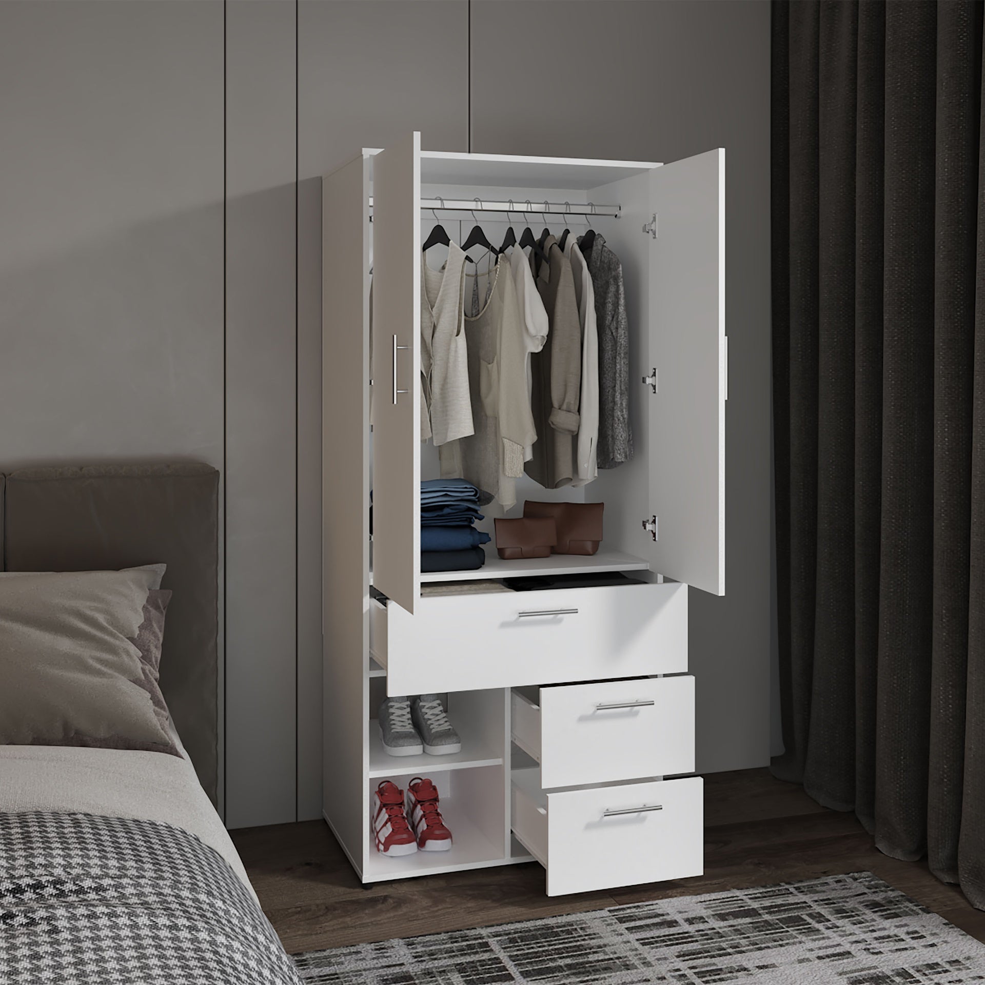 Armoire 70.90 inch H, 2 Doors, 3 Drawers, 2 Shelves, 6 Legs, White - Bedroom