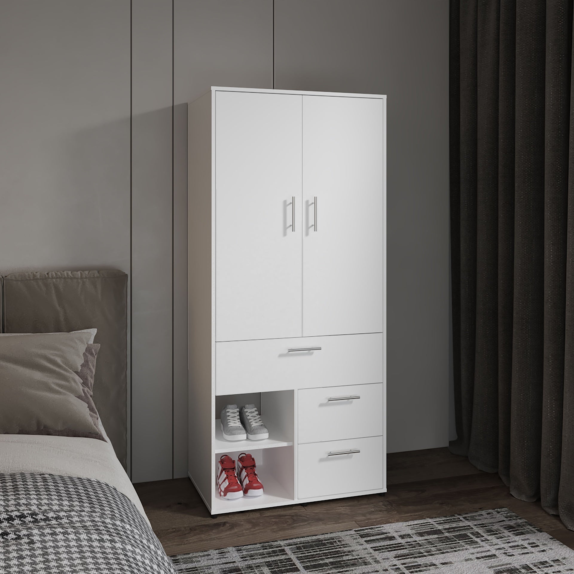 Armoire 70.90 inch H, 2 Doors, 3 Drawers, 2 Shelves, 6 Legs, White - Bedroom