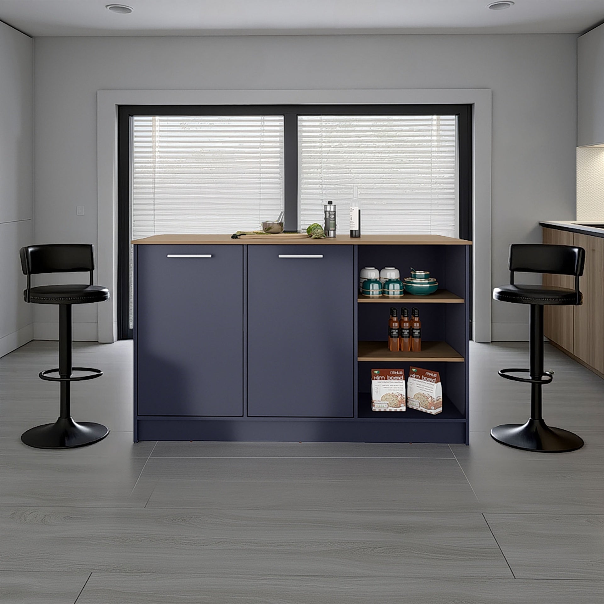 Kitchen Island 35.7" H, 2 Doors, 7 Shelves, Alby Blue / Natural Oak - Kitchen