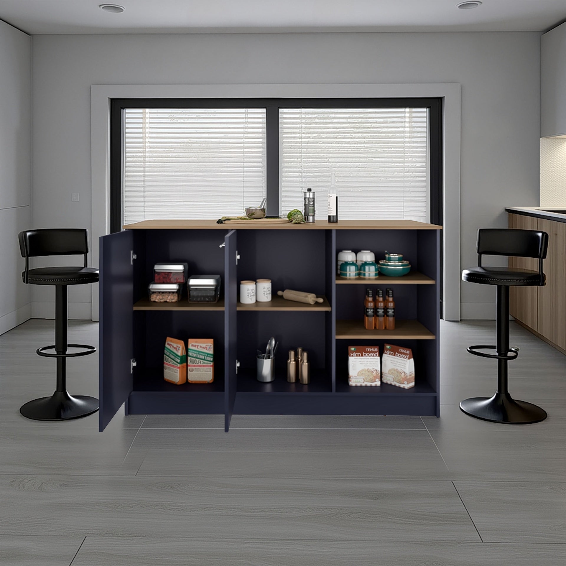Kitchen Island 35.7" H, 2 Doors, 7 Shelves, Alby Blue / Natural Oak - Kitchen