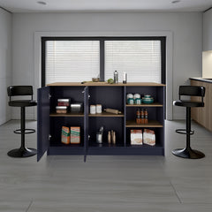 Kitchen Island 35.7" H, 2 Doors, 7 Shelves, Alby Blue / Natural Oak - Kitchen