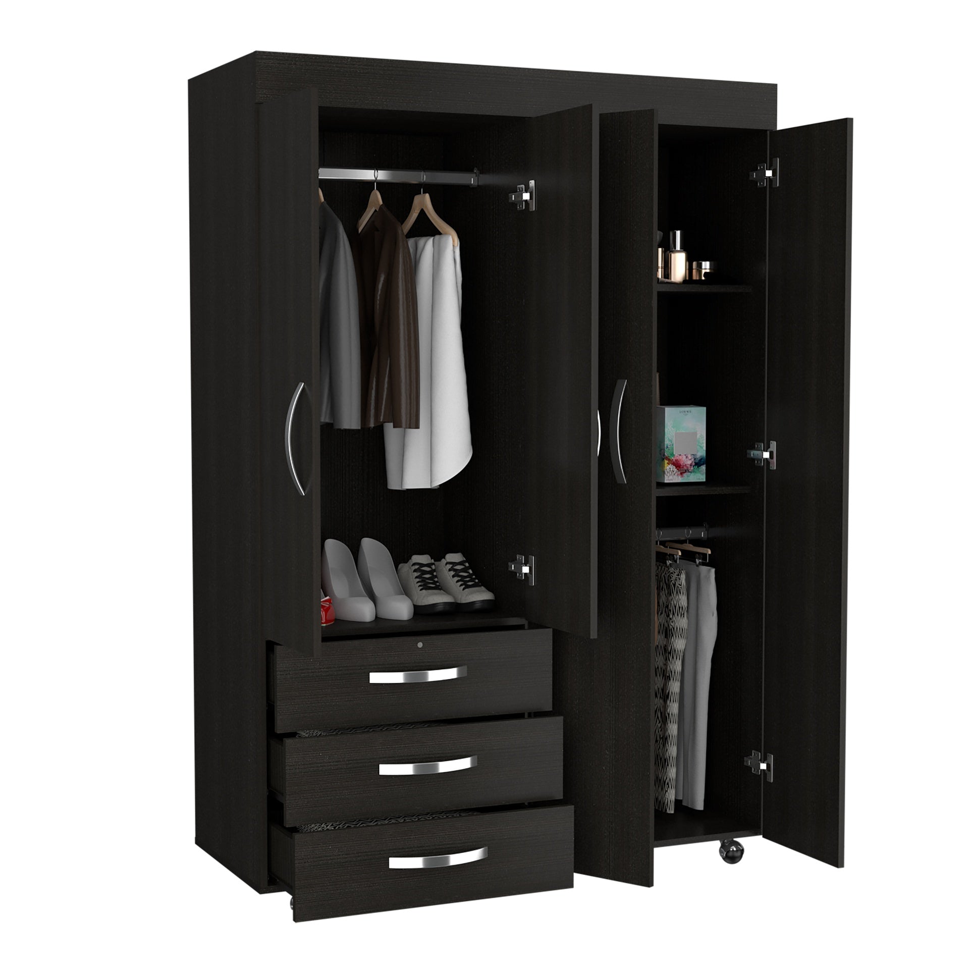 Hamilton Mobile Armoire, 4-Doors Cabinet, Three Drawers, Rods, Four Shelves, Black Wengue - Bedroom